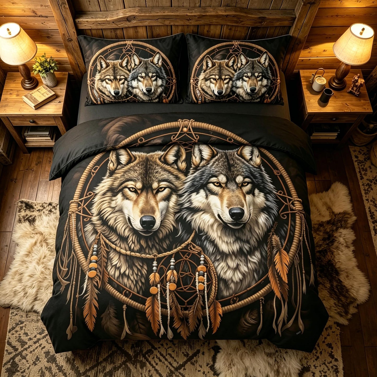 CCoutueChen Black Wolf Comforter Set Queen Size, Cabin Lodge, Wildlife Animal Print Bedding Set with Dreamcatcher, Soft Microfiber Lightweight Comforter,3 Pcs 2 Pillowcases/90 x90