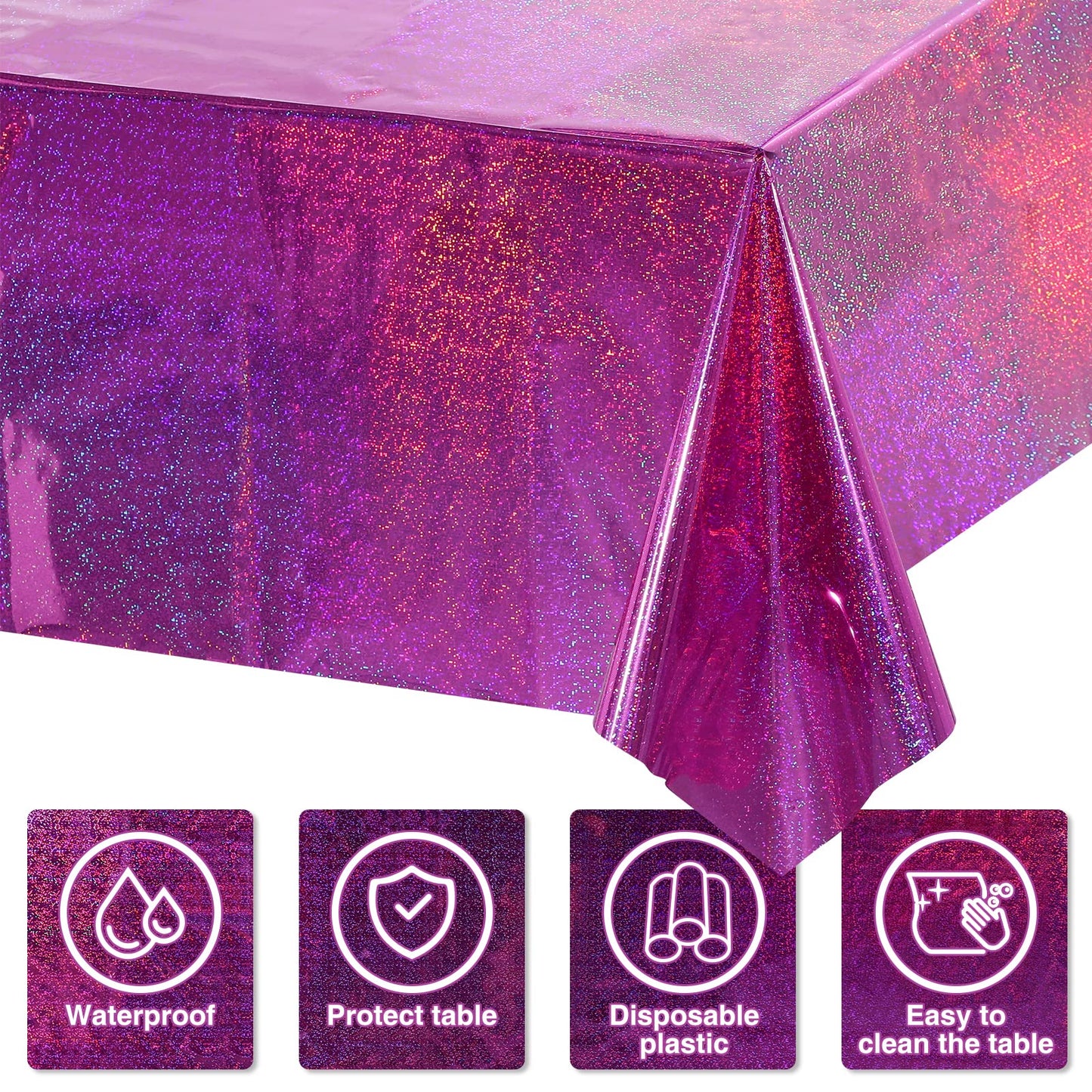 4 Pack Iridescence Plastic Tablecloths Shiny Disposable Laser Rectangle Table Covers Holographic Foil Tablecloth Iridescent Kpop Birthday Bridal Wedding Party Decoration, 54" x 108"(Pink & Purple)