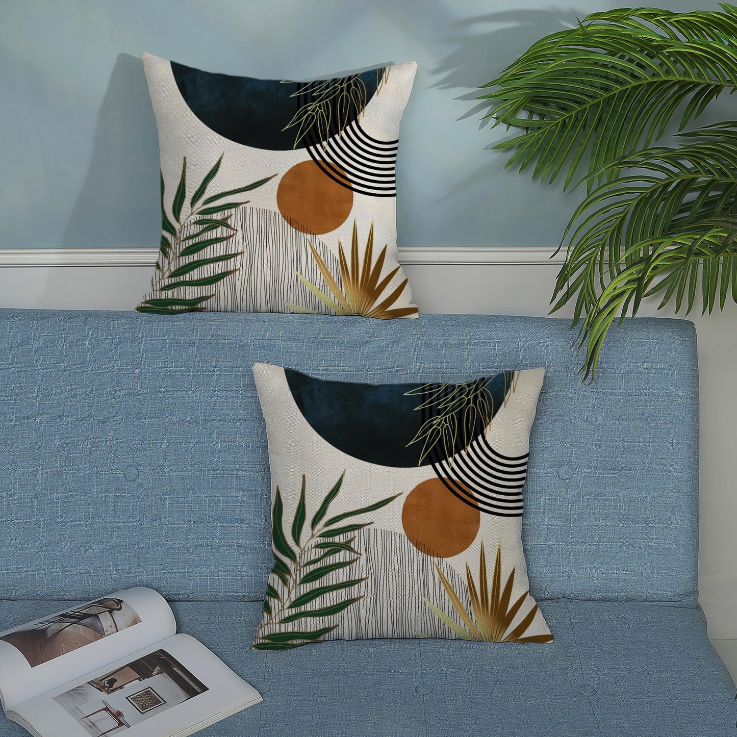 Boho Pillow Covers 18x18 Set of 2 Green Gold Navy Blue Throw Pillow Covers Outdoor Decoration Mid Century Bohemian Style Tropical Leaf Pillowcase Farmhouse Decorative Cushion Case For Home Sofa