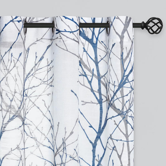 FMFUNCTEX Linen Semi Sheer Curtains for Bedroom, Blue White Curtains 84 Inches Long for Living Room, Grey Tree Branch Patterned Curtain Light Filtering Farmhouse Window Drapes, Grommet Top 2 Panels