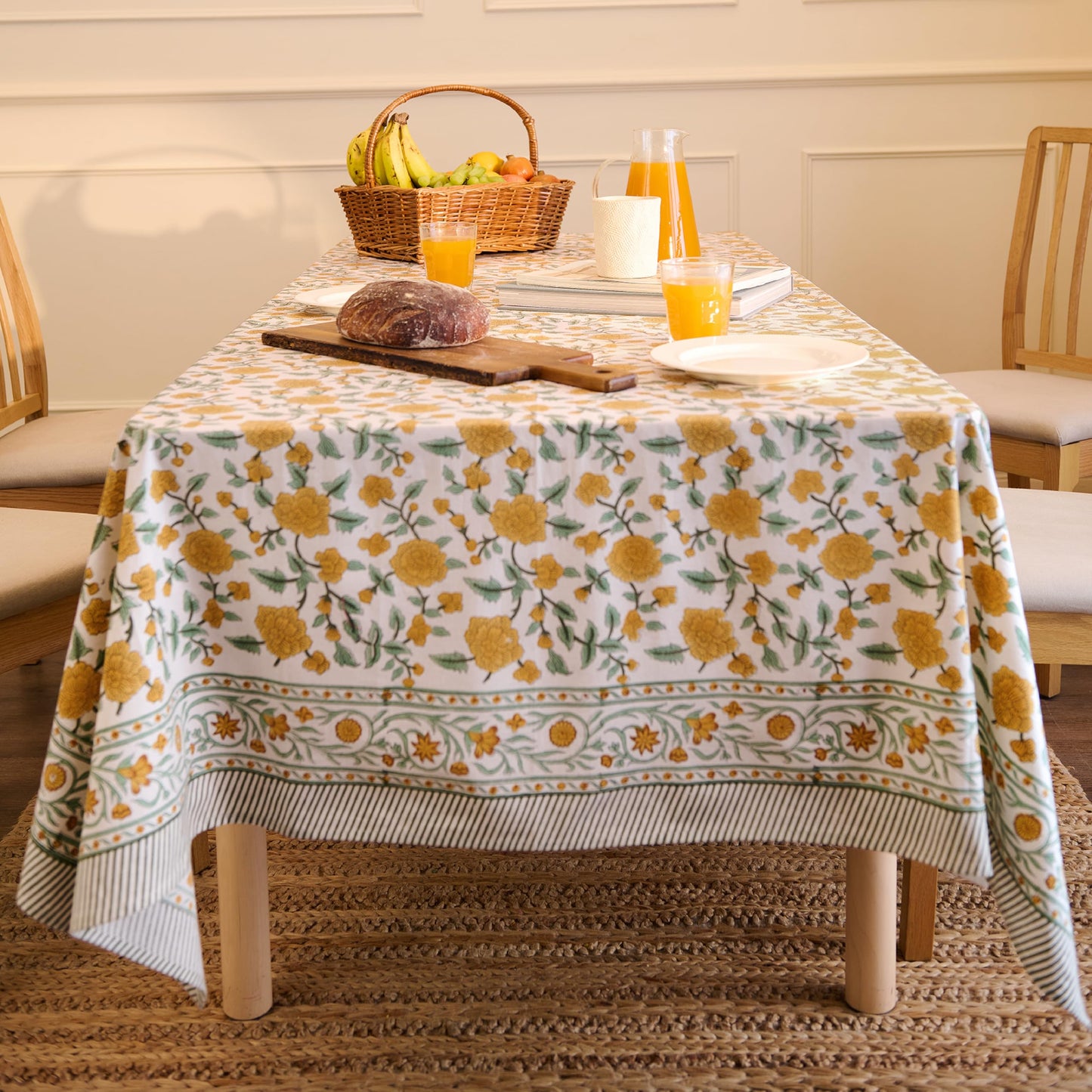 Encasa XO Rectangular Tablecloth 56"x72" 6 ft Yellow Jaipuri Block Print Cotton Dining Table Cloth | Handcrafted Floral tablecloths – Machine Washable for Indoor, Outdoor, Everyday Use