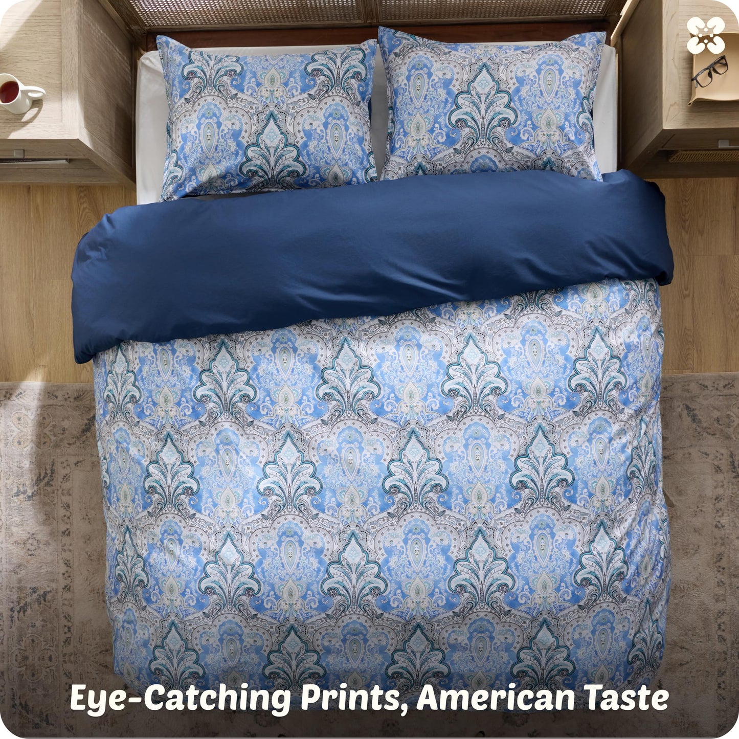 Bedsure Duvet Cover Queen Size - 100% Cotton Reversible Classic Paisley Damask Pattern Duvet Cover Set, 3 Pieces Soft & Breathable PureWoven Bedding Set with 2 Pillow Shams (Blue Paisley 90"x90")