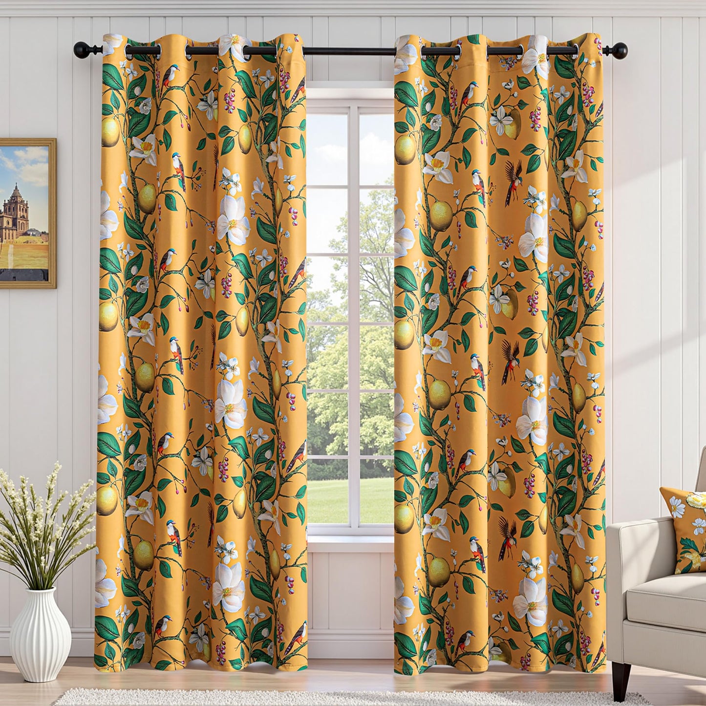 MYSKY HOME Yellow Floral Blackout Curtains 84 inch Long for Living Room Vintage Mid Century Style Lemon Hummingbird Patterned Room Darkening Privacy Drapes Grommet Bedroom Dining Room, 2 Pcs, 52"Wide