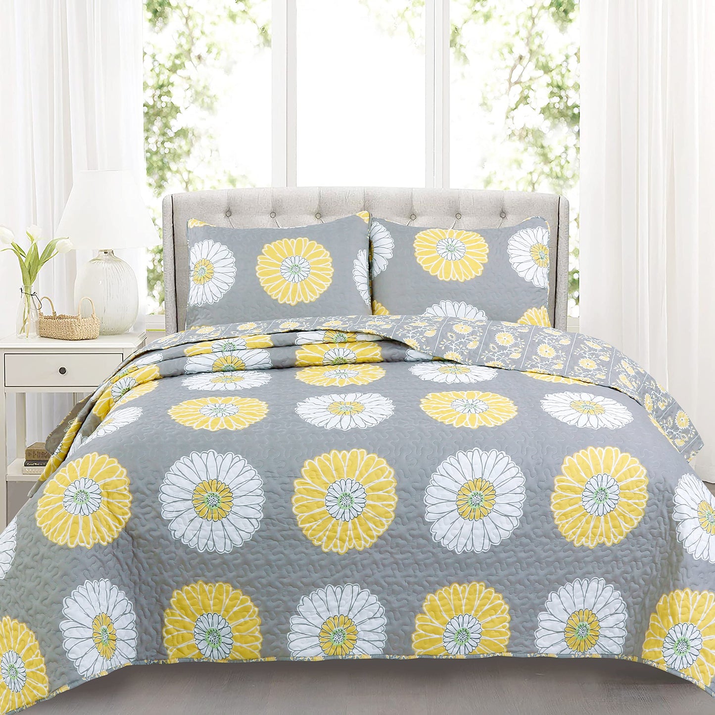 Cozy Line Home Fashions Yellow White Gray Daisy Sunflower Floral Reversible Quilt Bedding Set, Bedspread, Coverlet Lightweight for All Seasons (Sunflower, King - 3 Piece)