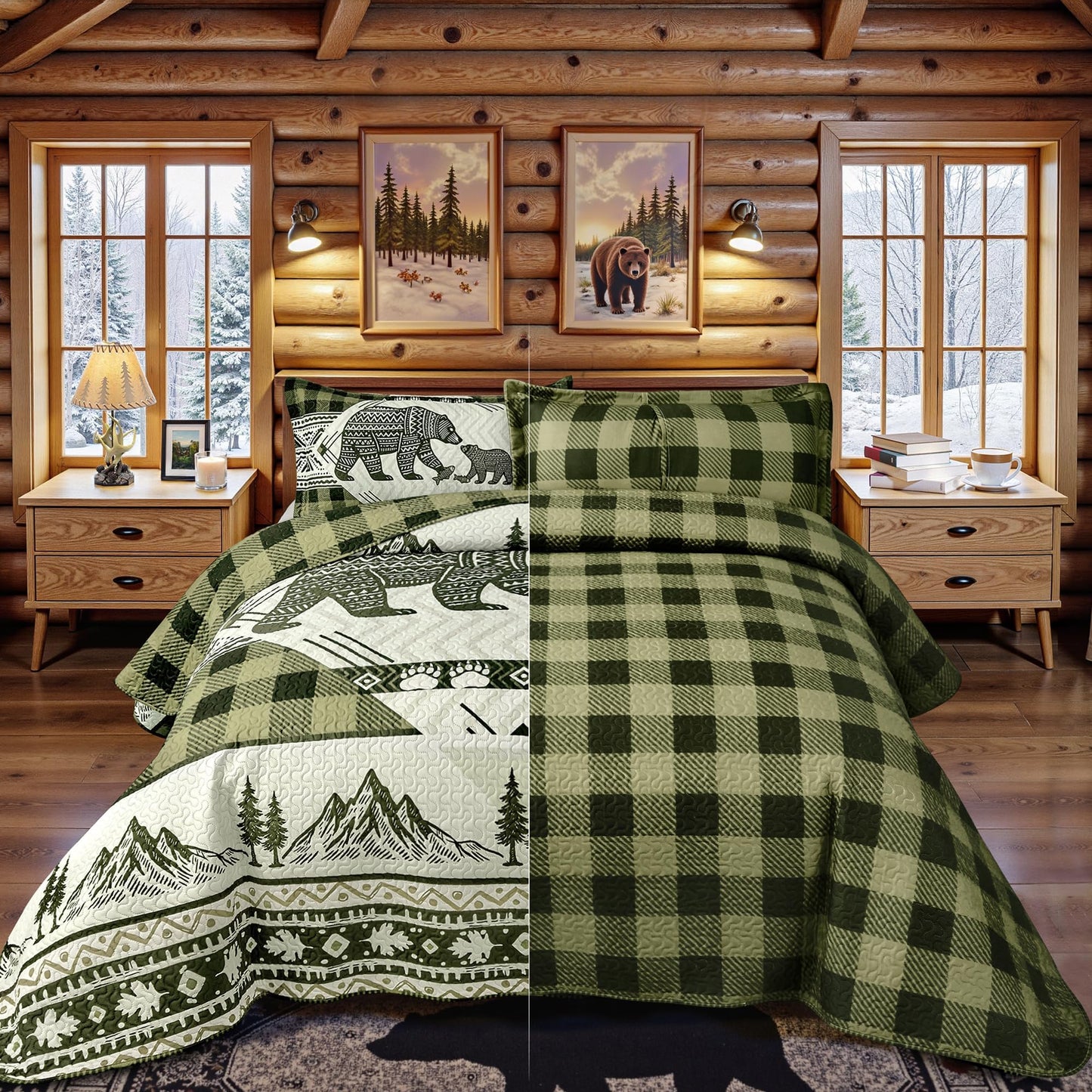 3 Piece Cabin Full/Queen Quilt Sets Farmhouse Rustic Reversible Microfiber Soft Lightweight Bedspread Comforter with 2 Shams Patchwork Country Lodge Bedding Quilts Set for All Season, 90''x96'', Green