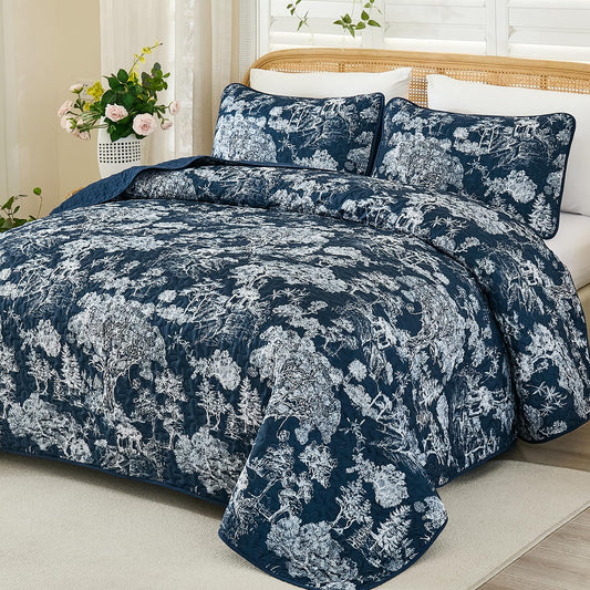 WONGS BEDDING Quilt Set Queen Size,3 Pieces Navy Blue Floral Plants Printed Bedspread Coverlet Set Soft Lightweight Toile Botanical Bedding Set for All Season (96"x90")