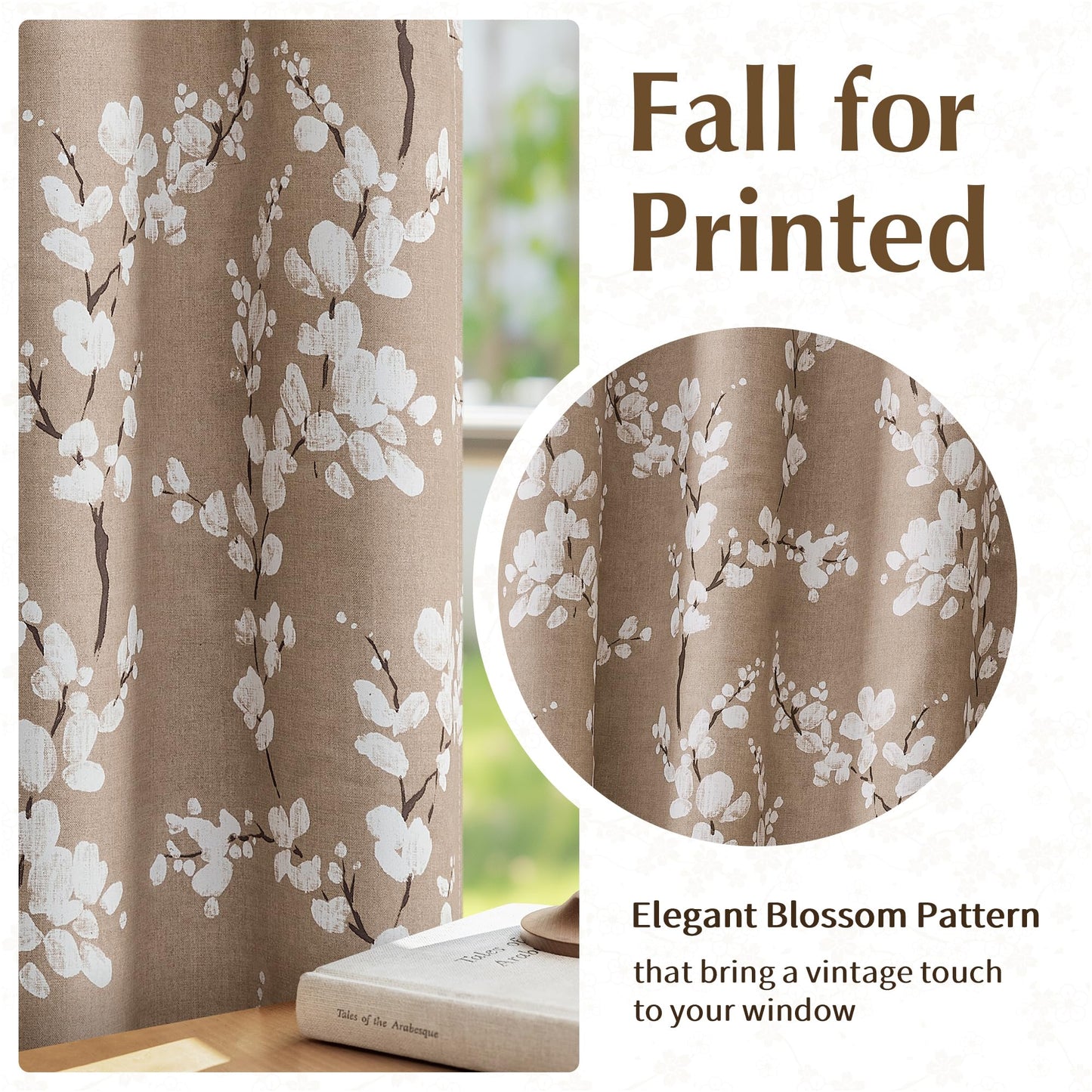 FMFUNCTEX 100% Blackout Floral Curtains for Bedroom, Taupe Curtains 84 inches Long Blossom Flower Patterned for Living Room, Thermal Insulated Farmhouse Drapes, Grommet Top 2 Panels (White on Brown)