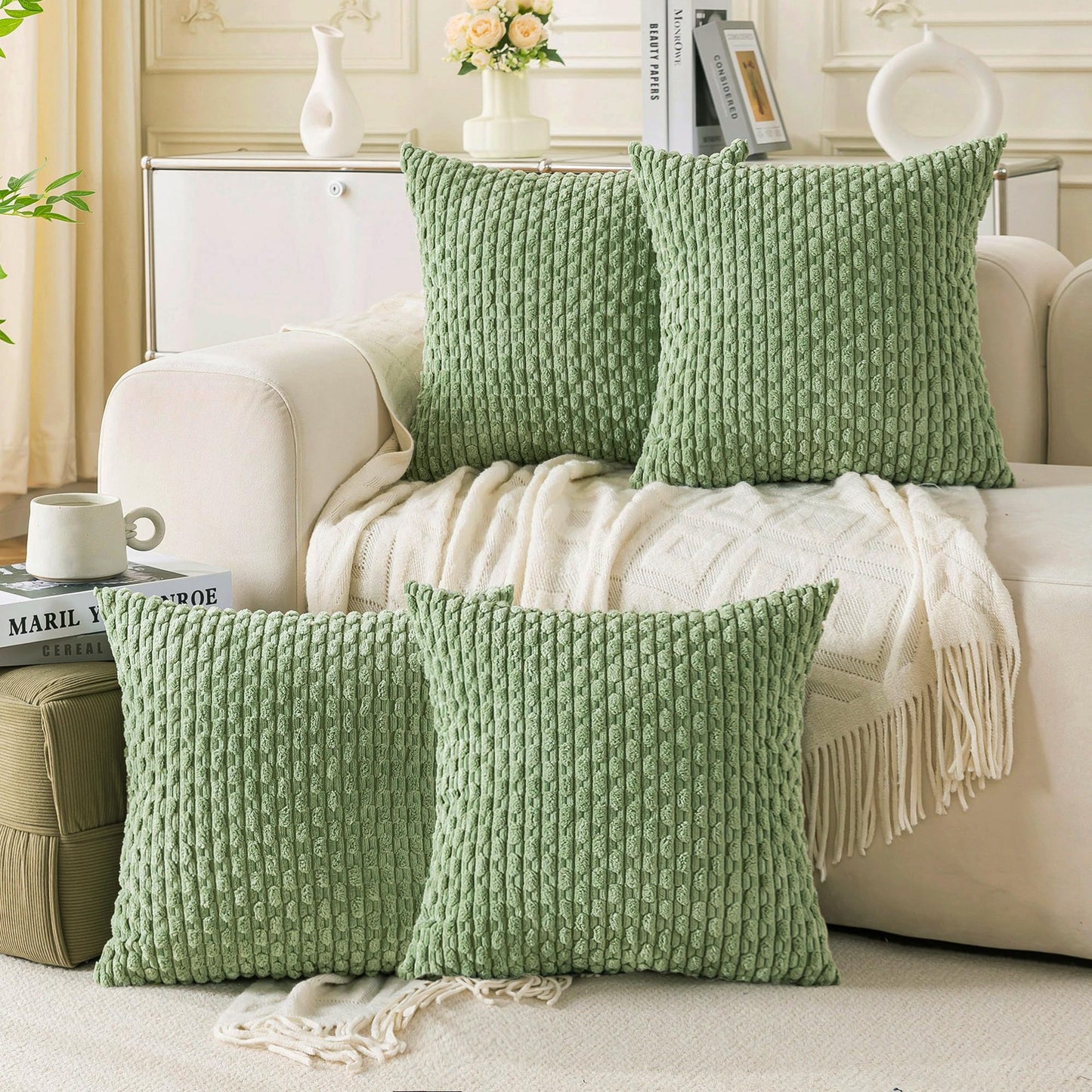 Cozoomy Set of 4 Sage Green Decorative Throw Pillow Covers 18x18 Inch Corduroy Pillow Covers for Bed Couch Sofa Living Room Soft Square Cushion Cases