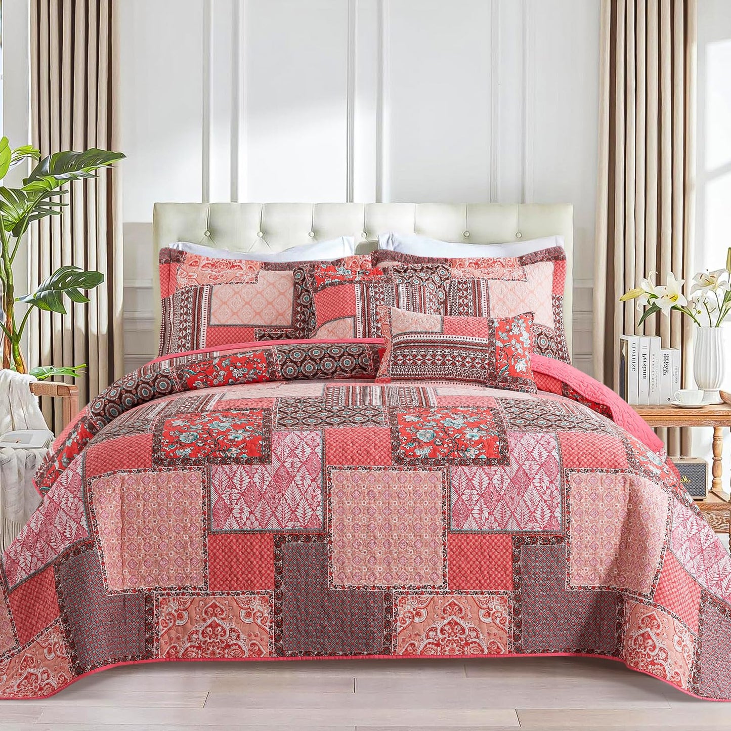 BEDIFANY Cotton King Quilt Set, Farmhouse King Size Quilt Bedding Set with 2 Pillow Shams, 3 PCs Lightweight King Size Bedspreads for Bed Decorations - All Seasons Coverlet Sets