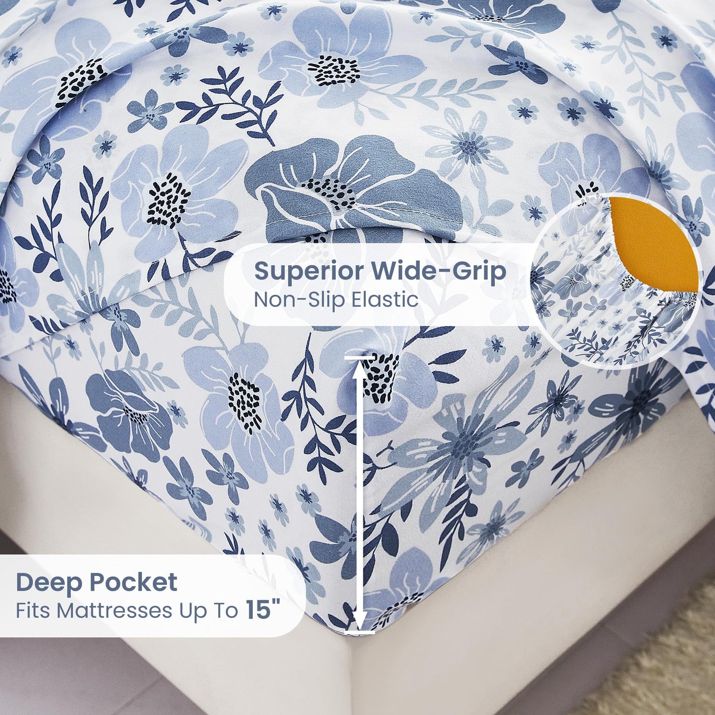 Mooreeke Queen Size Sheets Set - 4 Piece Soft Breathable Microfiber Bed Sheet Set - Blue & White Flower Pattern Sheet Set Queen - Deep Pocket Non-Slip Floral Fitted Sheet Included for All Season