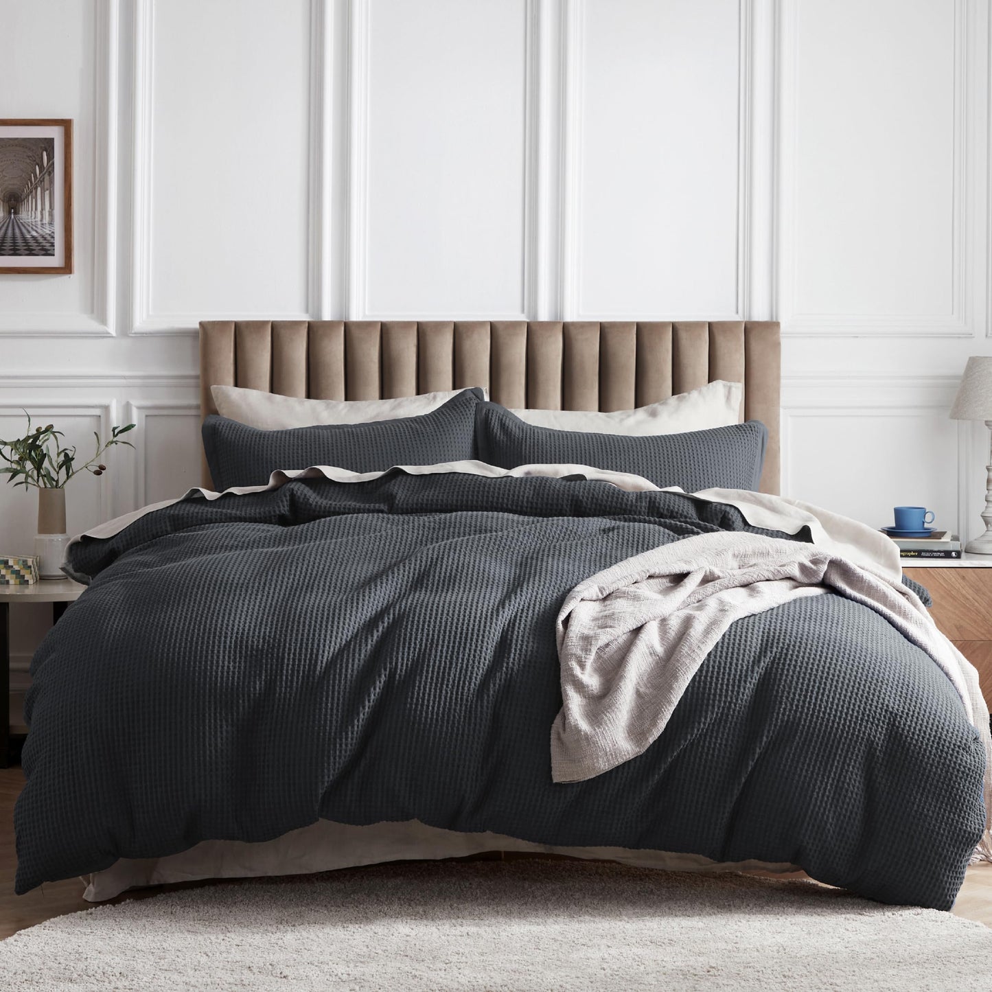 Bedsure 100% Cotton Duvet Cover Queen Size with Fitted Sheet - 4 Pieces Charcoal Waffle Weave Duvet Covers, PureWowen Breathable Bedding Set, 1 Duvet Cover 90x90, 1 Fitted Sheet, 2 Pillow Shams