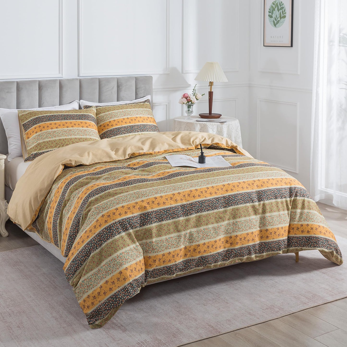 HoneiLife Floral Duvet Cover King - 100% Cotton Comforter Cover, Soft & Breathable Bed Linen Sets 3-Piece, All Season Comforter Cover Sets for King Bed
