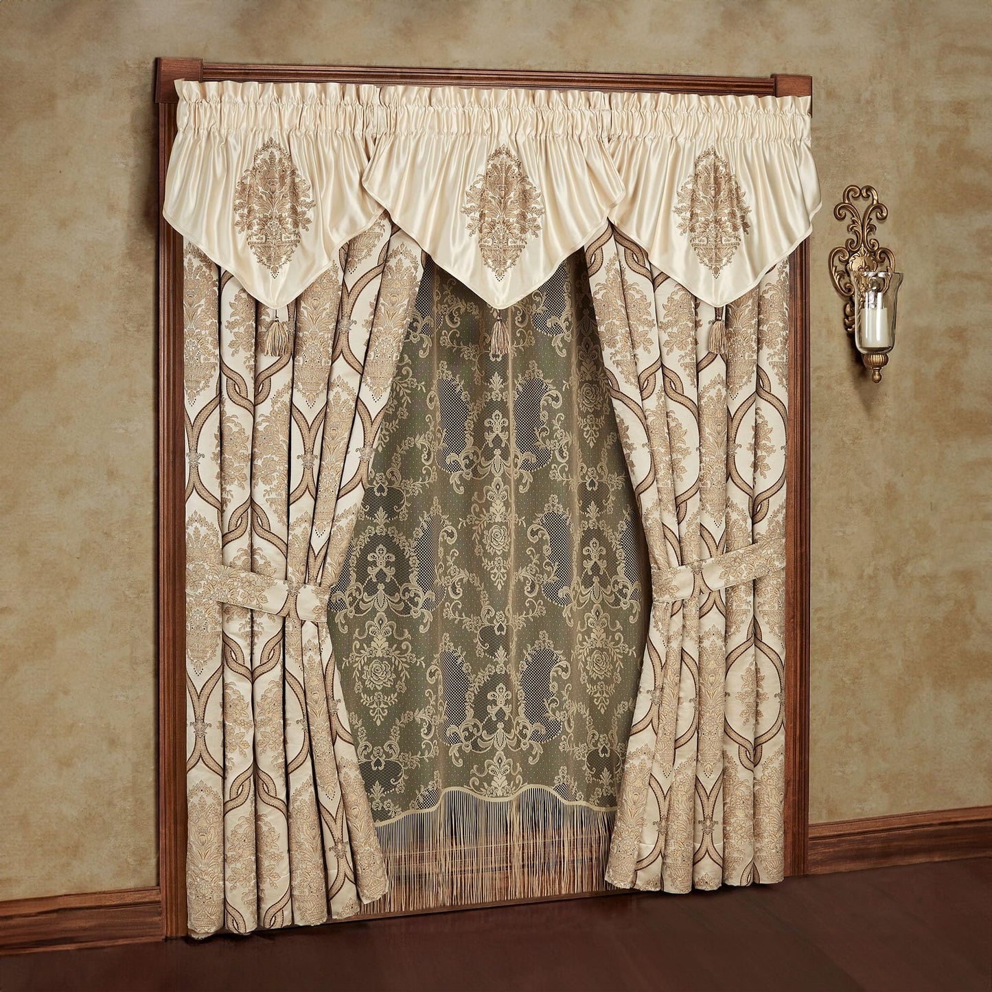 Luxurious Barrington Traditional Window Treatment | Sophisticated Jacquard Woven Damask Medallion Quatrefoil | Light Gold, Champagne, Chocolate | Drapery Set | Wide 95L Curtain Pair, 3 Ascot Valances