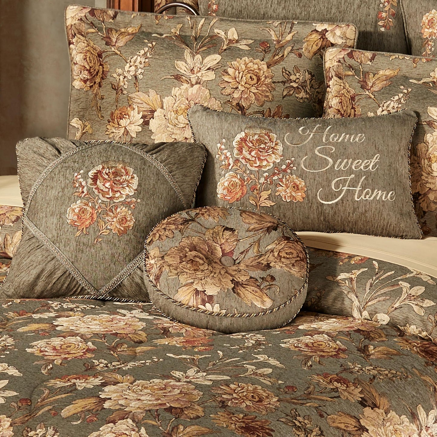 Rhapsody Floral Luxury Bedding | 6 Piece Oversized Bedspread Set: King Bedspread, 2 King Shams, Round Pillow, 18" Square Pillow, Rectangle Pillow | Sophisticated | Flower | Woven | Traditional