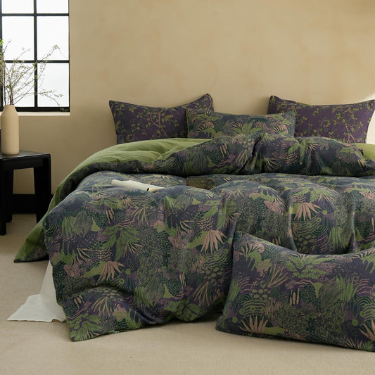 BISELINA 100% Cotton Muslin Duvet Cover Set Queen, 3 Pcs Yarn-Dyed Jacquard Textured Reversible Botanical Floral, Soft and Breathable Bedding Set with Zipper Closure, Purple Green