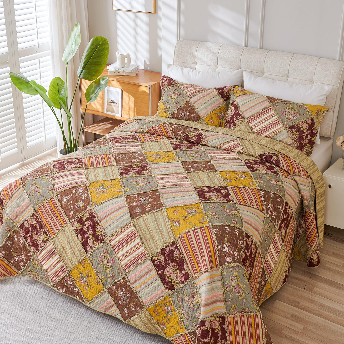 Cmfshape Floral Quilt Sets Bedspread Set 100% Cotton Patchwork Bedding Set, All Season Use Lightweight Reversible Coverlet Quilts with 2 Pillow Shams(Queen 90"x90")