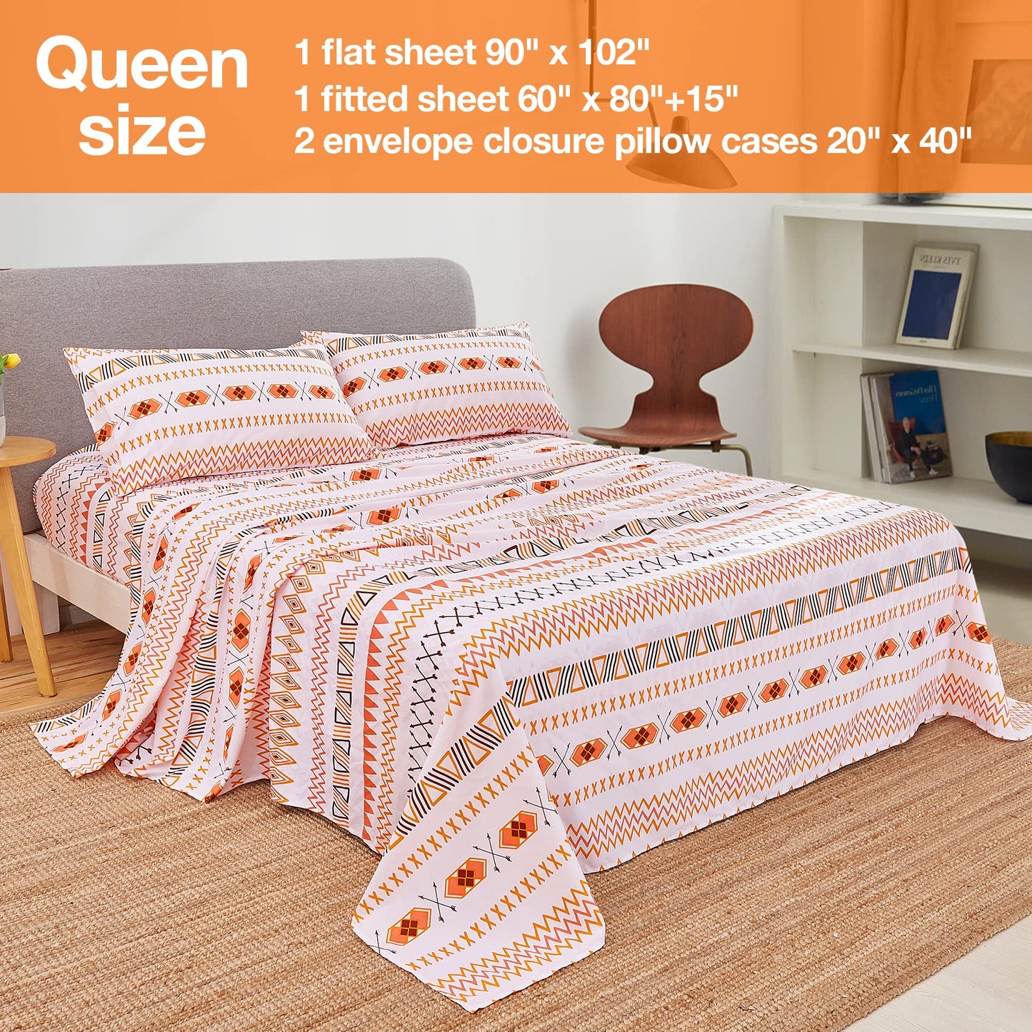 JSD Geometric Printed Sheet Set Queen, 4 Piece Soft Orange Pattern Microfiber Sheets Extra Deep Pocket