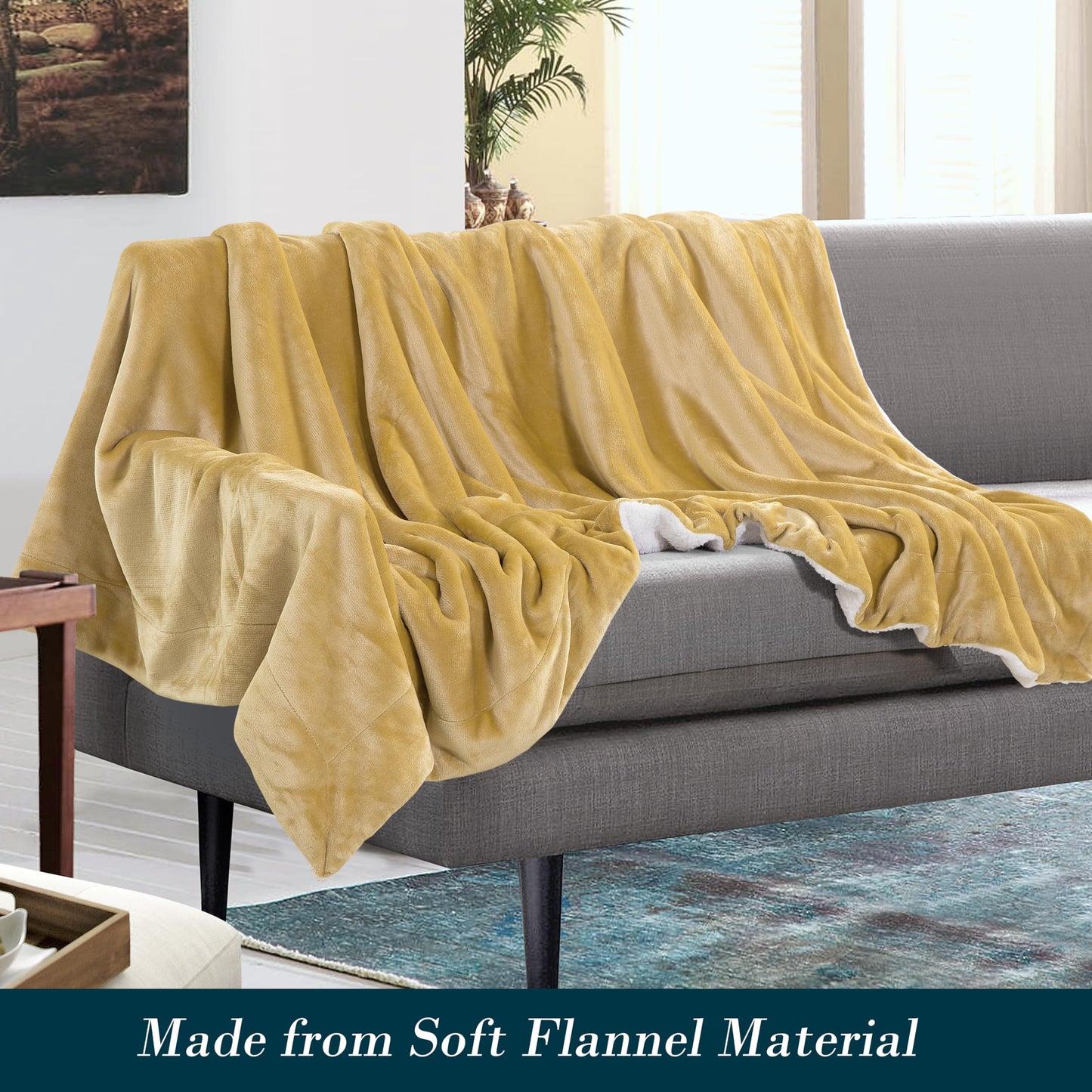 Mocassi Premium Ultra-Soft Flannel Fleece Sherpa Throw Blanket - Warm Cozy Reversible Plush Micromink Blanket for Couch, Bed and Sofa - Fluffy, Christmas Winter Bedding Gift, Queen, Gold