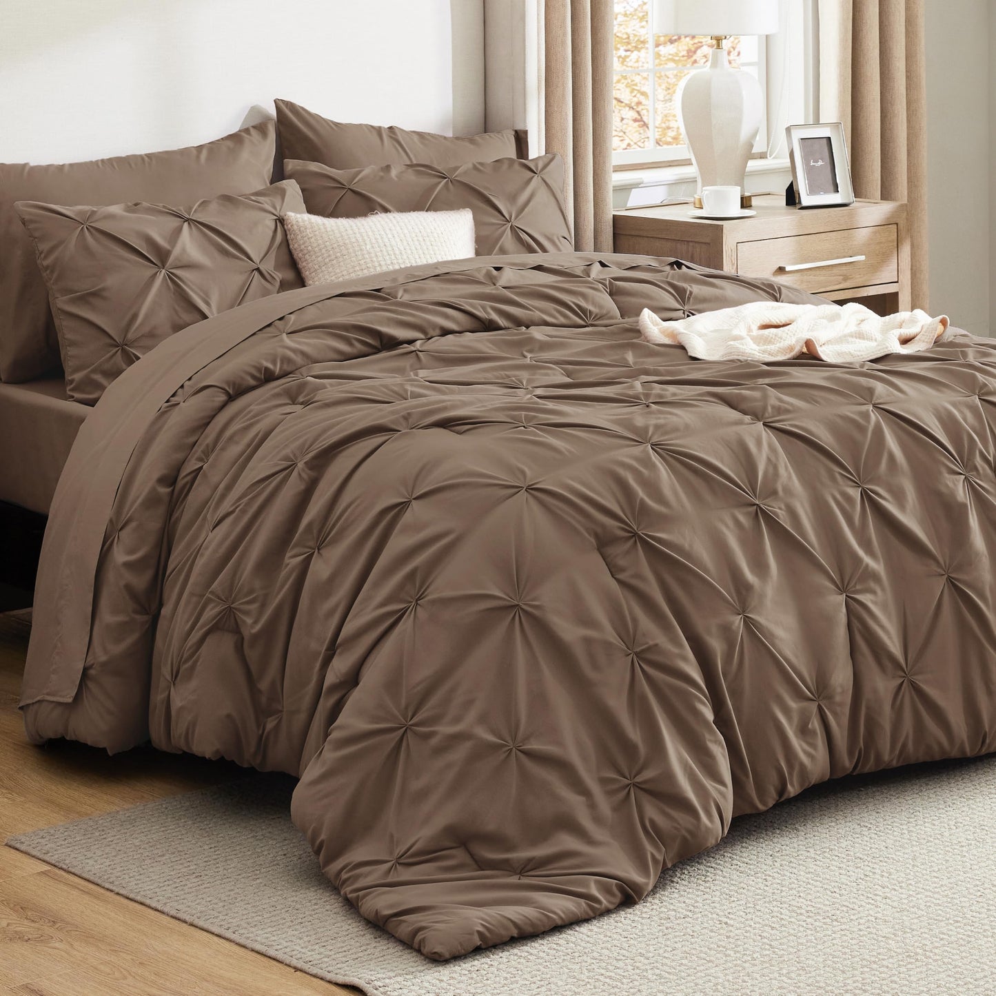 Bedsure Queen Comforter Set Brown - Bed in a Bag Queen Size Bedding 7 Pieces, GentleSoft™ Pintuck Bed Set Gift for Family, All Season Down Alternative Comforter with Sheets, Pillowcases & Shams