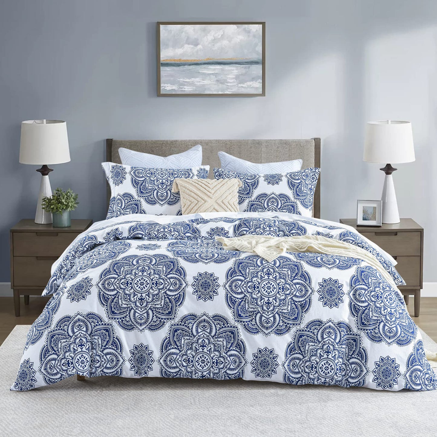 CozyDH Cotton Duvet Cover King Size - 100% Cotton 400TC Floral Damask Paisley Duvet Cover Set, 3pcs Soft Lightweight King Beddding Set, Zipper Closure 8 Ties(Royal Blue, 104x90, No Comforter)