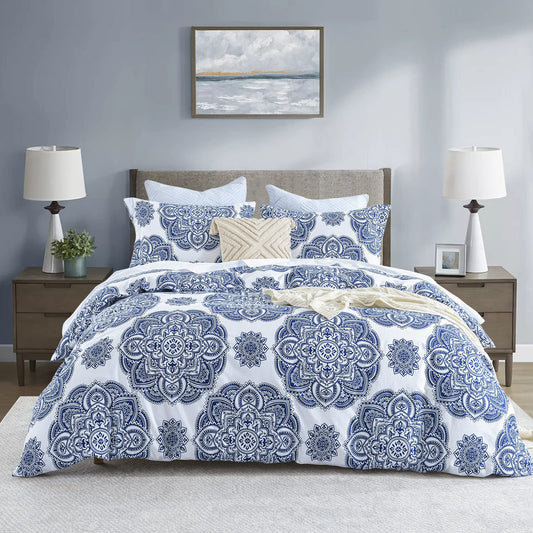 CozyDH Cotton Duvet Cover King Size - 100% Cotton 400TC Floral Damask Paisley Duvet Cover Set, 3pcs Soft Lightweight King Beddding Set, Zipper Closure 8 Ties(Royal Blue, 104x90, No Comforter)