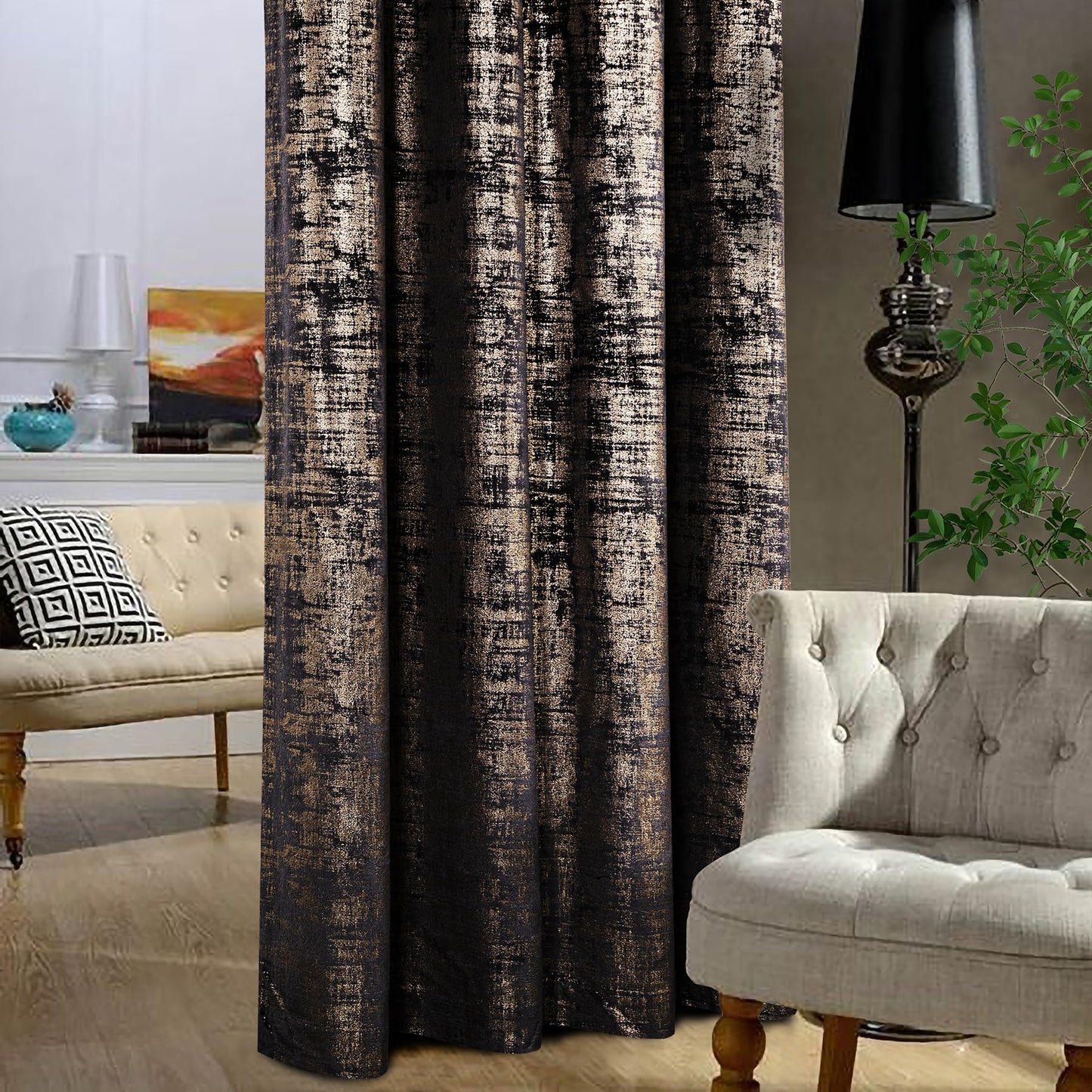 always4u Black Gold Soft Velvet Curtains 84 Inch Length Luxury Bedroom Curtains Gold Foil Print Window Treatments for Living Room Bedroom Set of 2