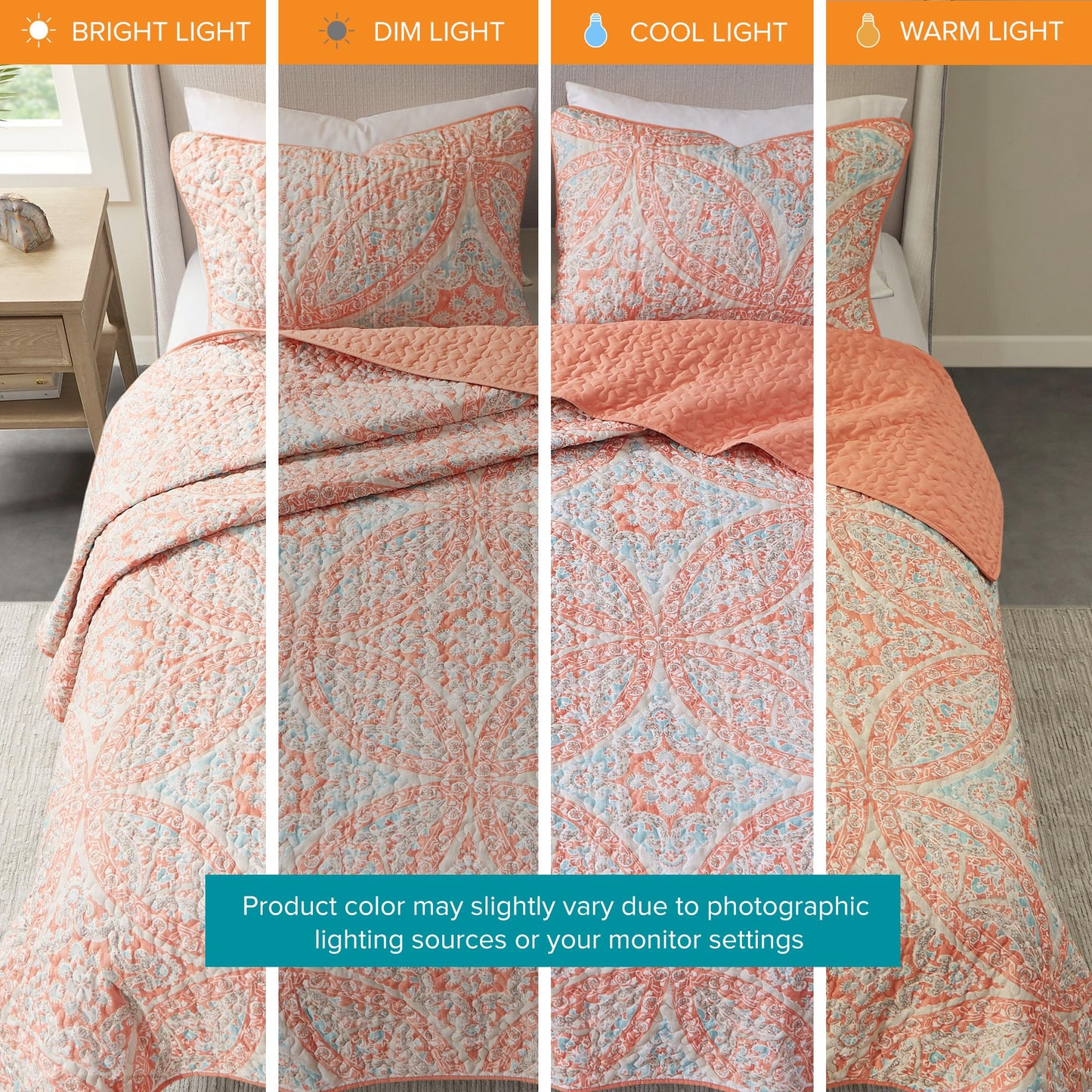 Comfort Spaces Reversible Quilt Set-Vermicelli Stitching Design All Season, Lightweight, Coverlet Bedspread Bedding, Matching Shams, Full/Queen (90 in x 90 in), Gloria Damask Coral 3 Piece