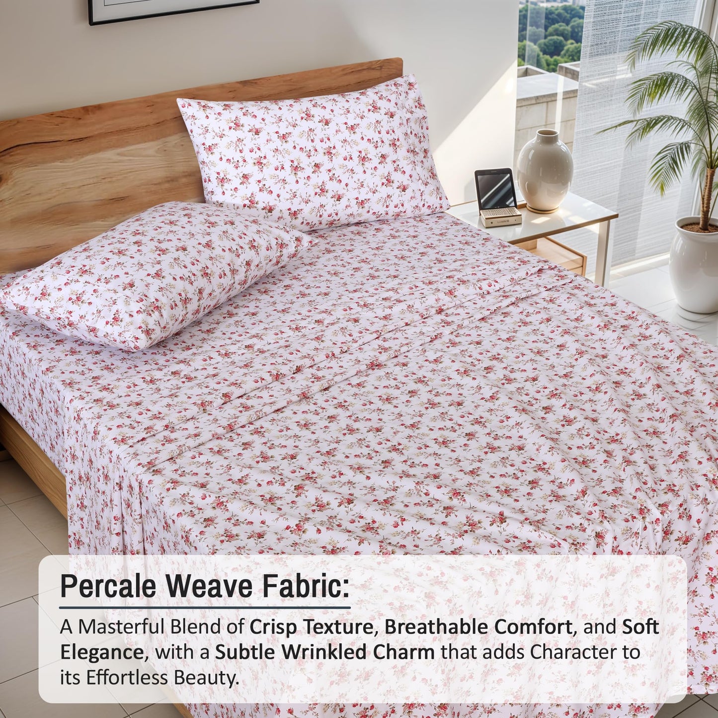 RUVANTI 100% Cotton Percale Sheets Full Size, Bouquet