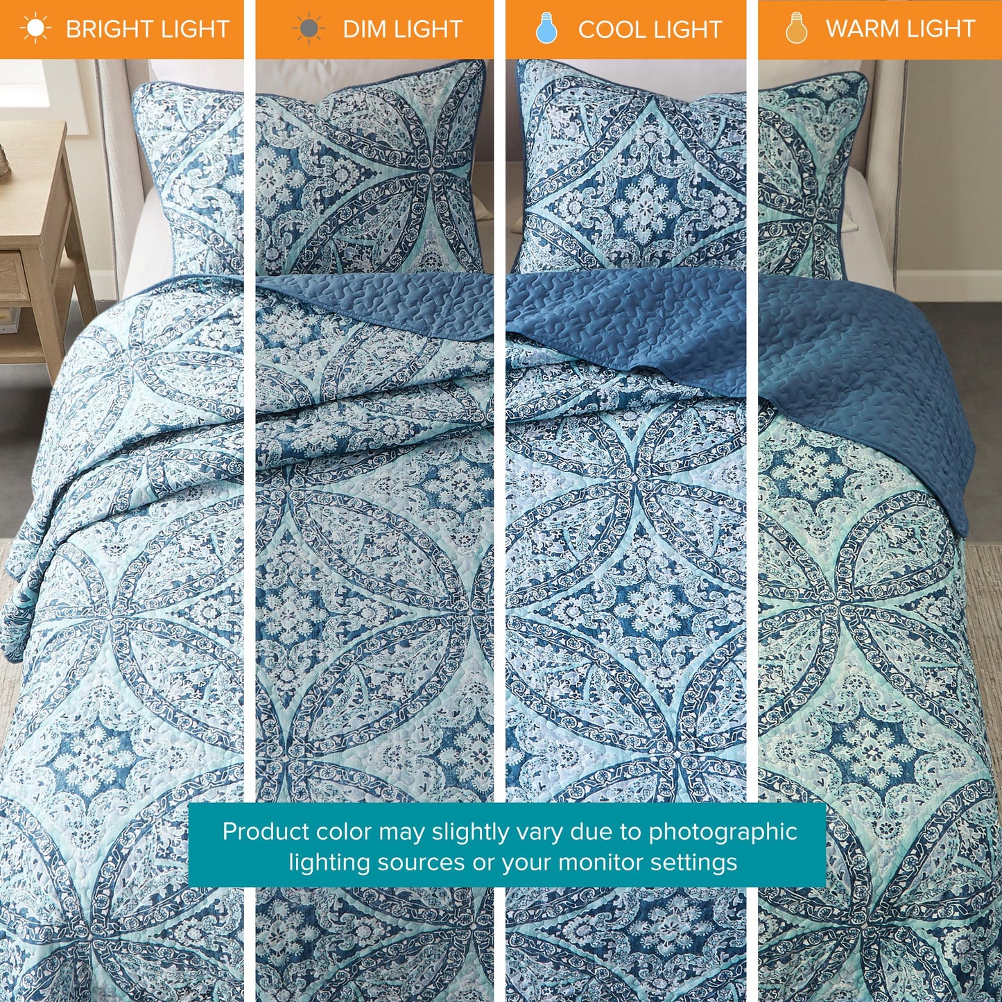 Comfort Spaces Reversible Quilt Set-Vermicelli Stitching Design All Season, Lightweight, Coverlet Bedspread Bedding, Matching Shams, Full/Queen (90 in x 90 in), Gloria Damask Aqua 3 Piece