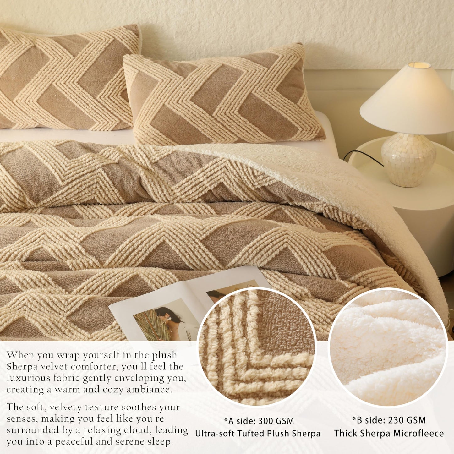tohrisa Tufted Boho Comforter Set King - Beige Fluffy Sherpa Bedding Set, Soft Fuzzy Jacquard Quilt Set, 3 Pieces Cozy Bed Set Warm Comforter for Winter(104"X90")