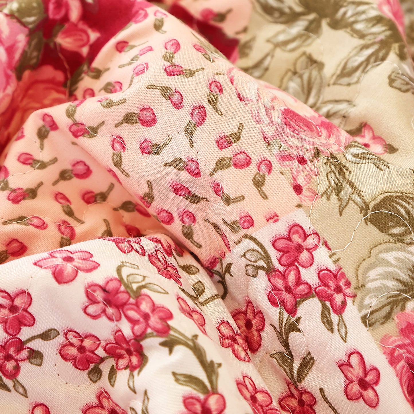 Cmfshape Summer Floral Queen Quilted Bedspread,Romantic Pink Quilt Set Full,Reversible Stitched Bedding Set All Season,Soft Lightweight Coverlet with Pillow Cases (Hot Pink&Rose, Queen90 x90)