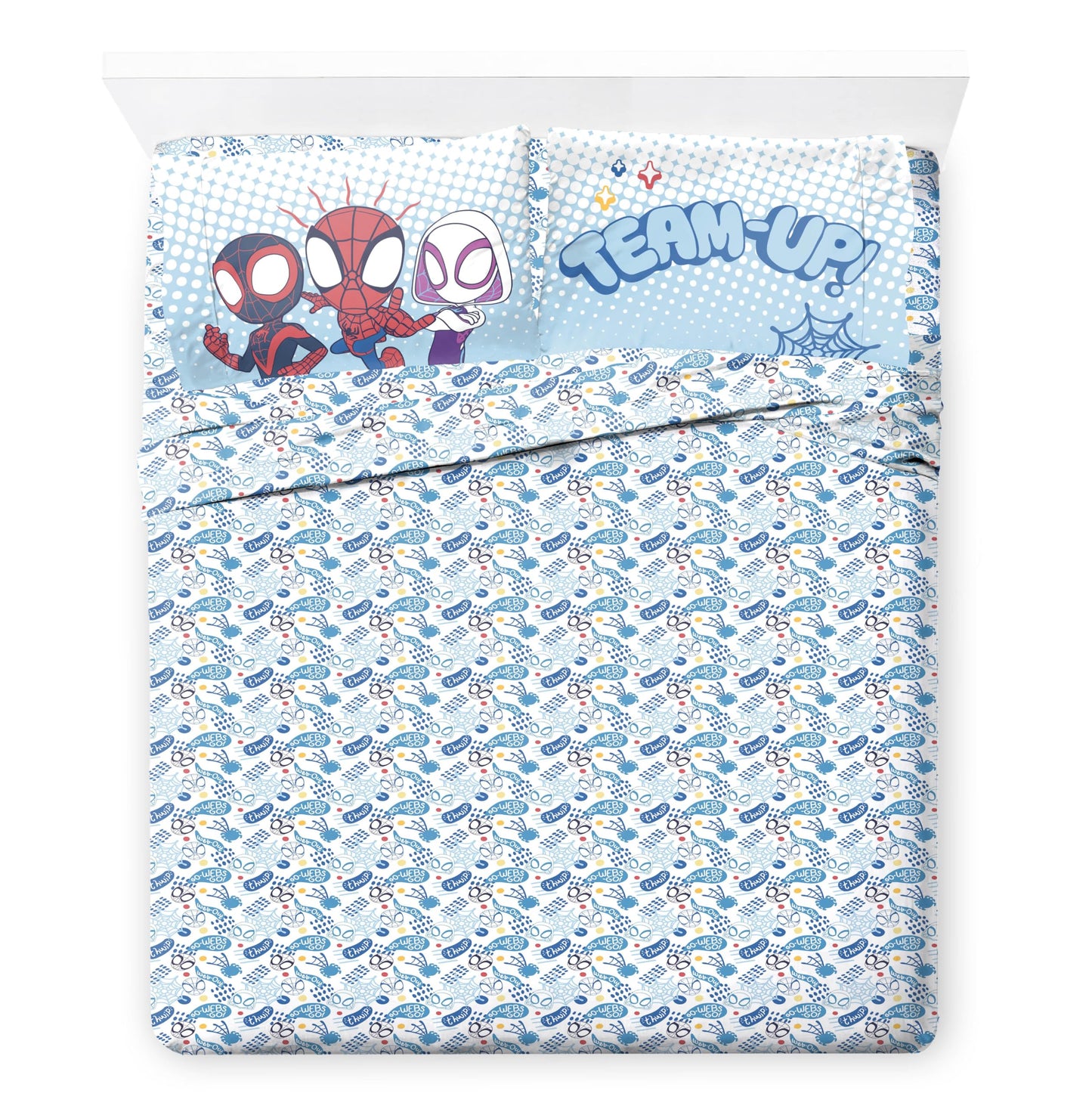 Jay Franco Kids Comforter Set Includes Sheets and Pillow Covers - Soft and Cozy Bed Set for Stylish Room Decor, Light Blue - Spidey & His Amazing Friends, 7 Piece Full Bedding