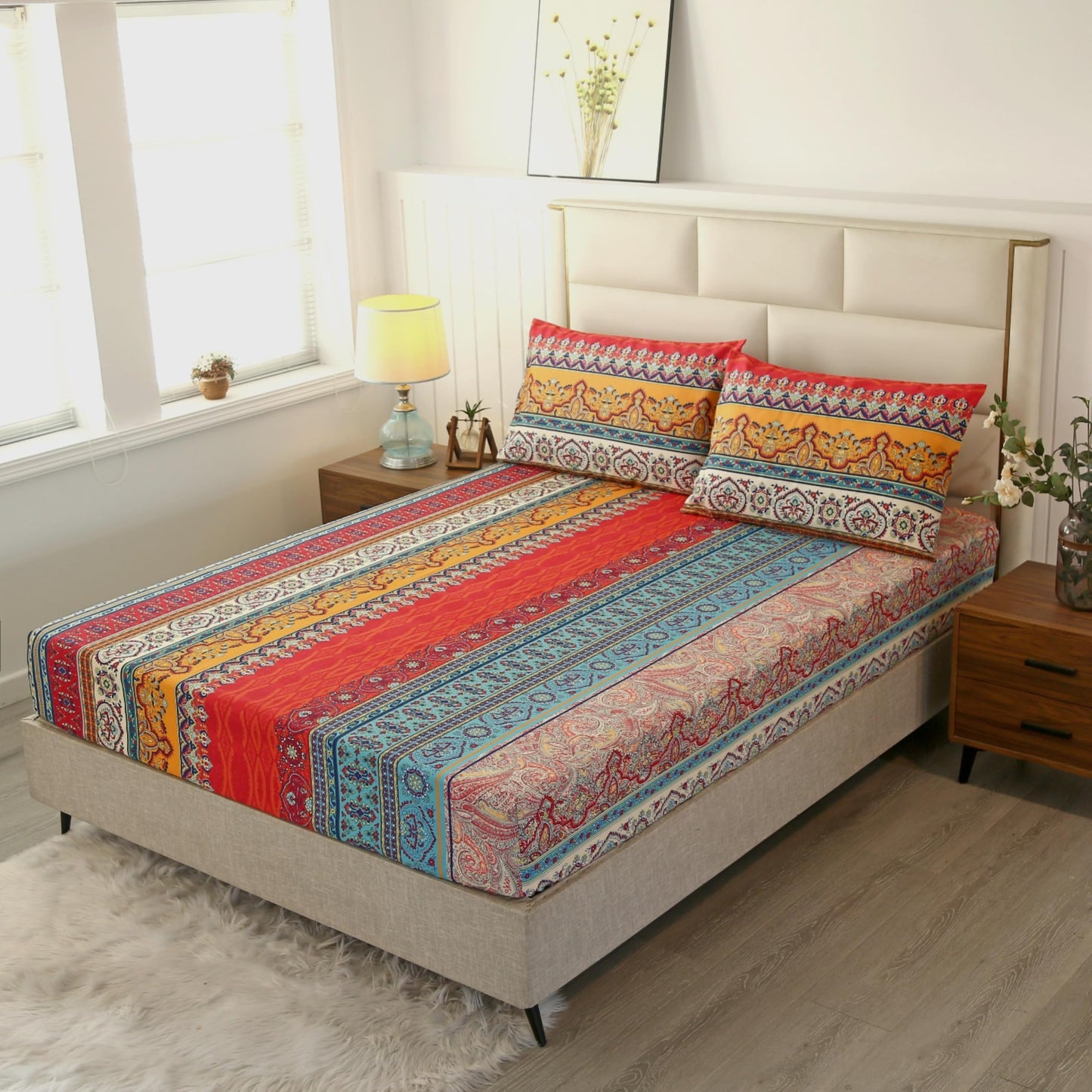 SDIII Boho Full Size Fitted Sheet with 2 Pillowcase, Deep Pocket Soft Micofiber Bohemian Tribal Striped Fitted Sheets Full All Season