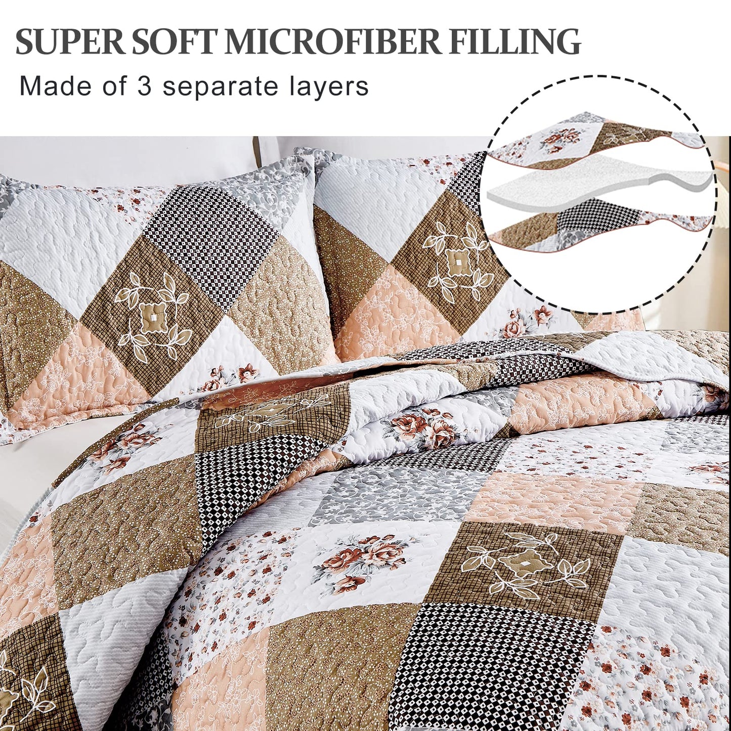 Dinjoy Floral Plaid Patchwork Quilt Set Queen Size, Reversible Brown Bedding Set Soft Microfiber Lightweight Bedspread Coverlet 3 Piece Spring Summer Fall Use (90x90 inches)