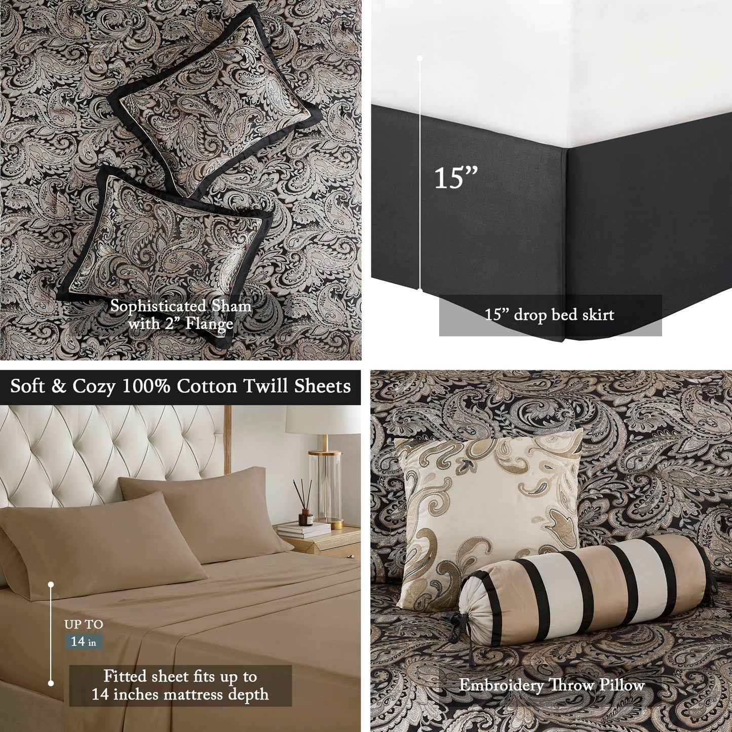 Madison Park Aubrey Cozy Comforter Set, Faux Silk Jacquard Paisley Design - All Season Down Alternative Bedding with Cotton Bed Sheets, Bed Skirt & Toss Pillows, Queen Black 12 Piece