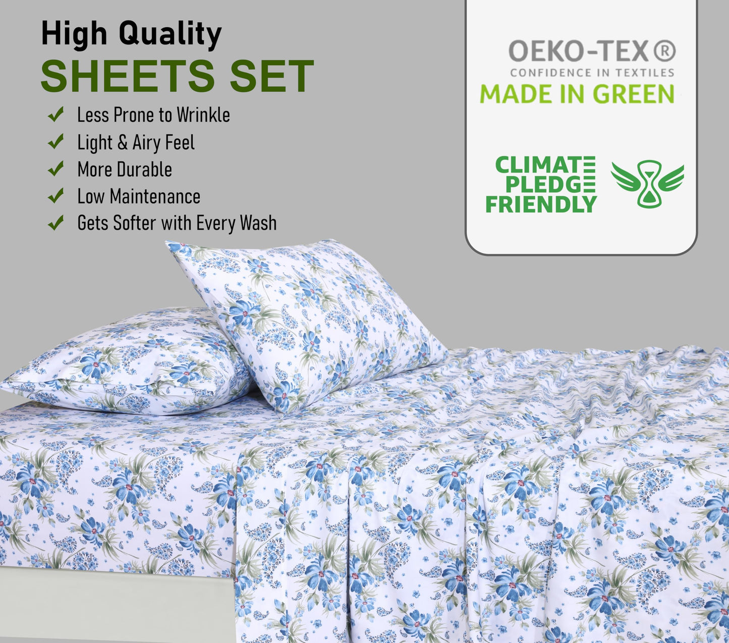 RUVANTI 100% Cotton Sheets Queen Size Set, 4 Pieces, Soft & Breathable Percale Weave Bedding, Deep Pocket 16", Hotel Standard, Crisp Cool Feeling, Durable, Perfect Floral Bed Sheet, Paislyona