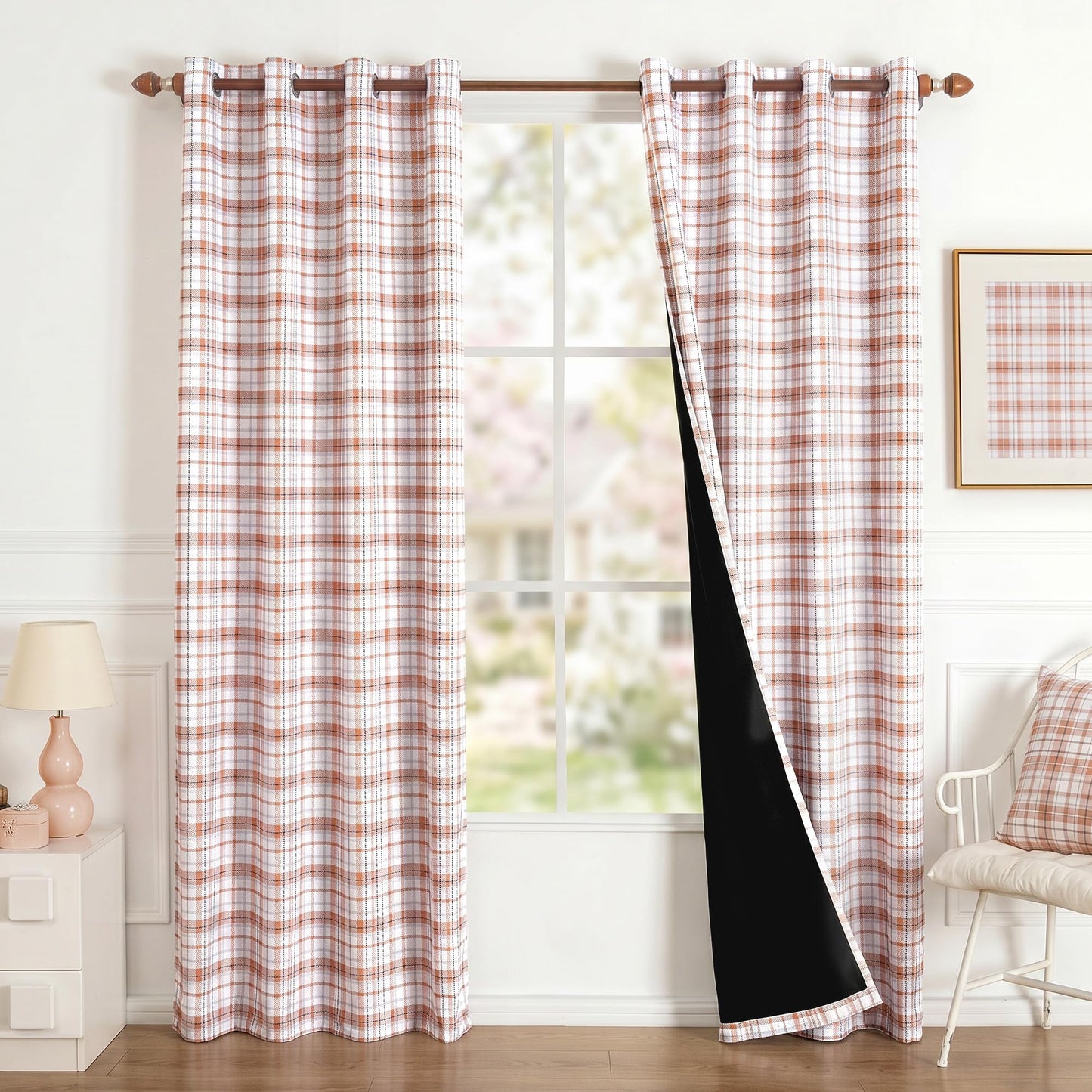 MYSKY HOME 95% Plaid Blackout Curtains 84 Inch Long 2 Panels Set for Bedroom Farmhouse Thermal Insulated Light Blocking Black Out Grommet Window Treatments, 52" W Each Panel, Orange