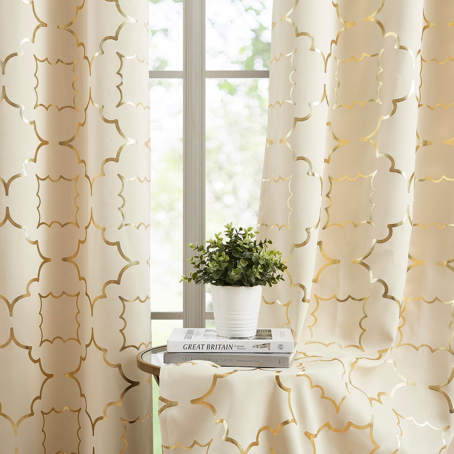 Purainbow Beige Blackout Curtain Panels for Bedroom 84" Gold Foil Moroccan Metallic Print Energy Efficient Drapes for Bedroom Living Room, Thermal Insulated Window Treatments Grommet Top 2 Panels