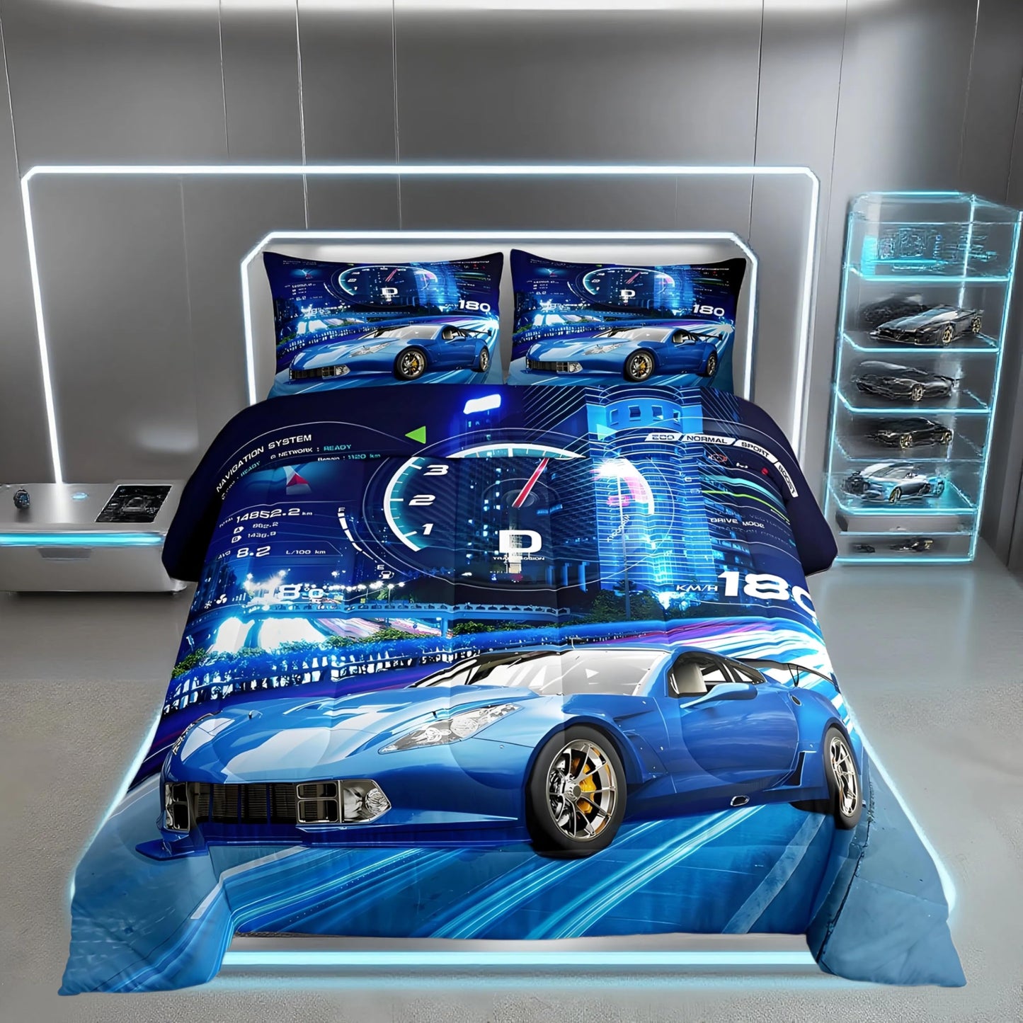 Feelyou Boys Sports Car Comforter Set for Kids - Extreme Sports Bedding Set with 1 Comforter and 1 Pillowcase, Twin Size, Blue