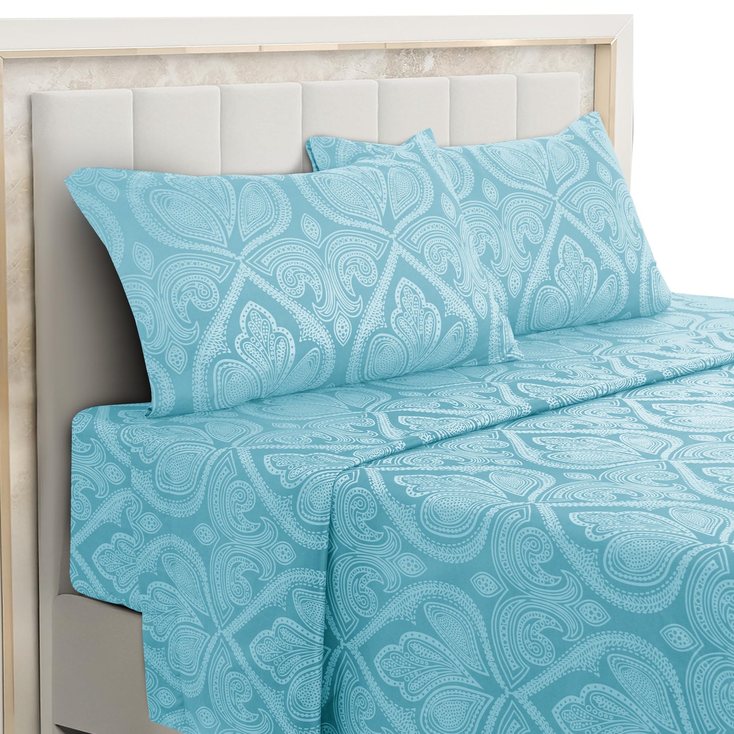 Hannah Linen Paisley King Sheet Set, 4 PC Soft Microfiber Wrinkle Free Sheets - Luxurious Printed Bed Sheets Includes Flat Sheet, Fitted Sheet with Deep Pockets, & 2 Pillowcases - Blue