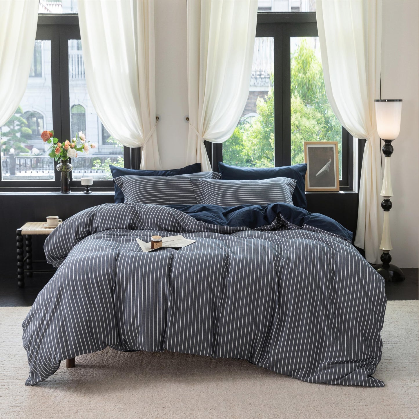Warm Moment Reversible Duvet Cover Set 100% Washed Cotton Blue Stripe Linen Feel Duvet Cover Queen Size with Zipper Closure & 2 Pillow Shams,Navy/White Stripe Reverse Solid Navy