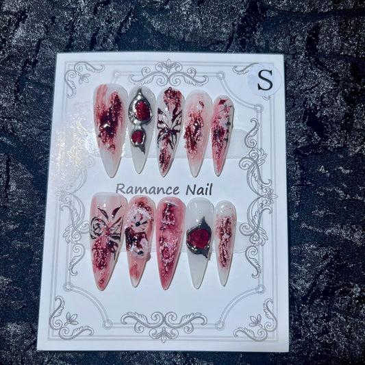 Handmade Fake Nails Press On Nails Red Baroque with Gothic Arch Design and Leather Accents for Women Size S
