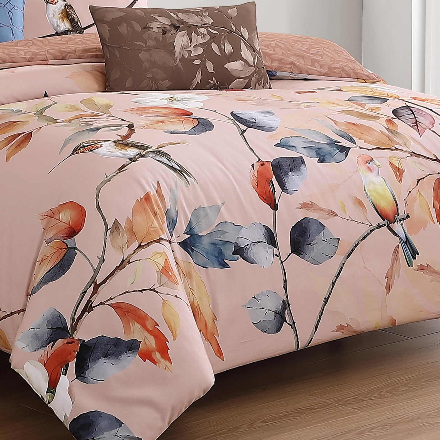 Bebejan Peachy Dogwood 5 Piece Comforter Set, 100% Cotton Sateen, 220 Thread Count, Pink Reversible Bedding Comforter Set, 1 Comforter, 2 Shams & 2 Pillows (King/Cal King)