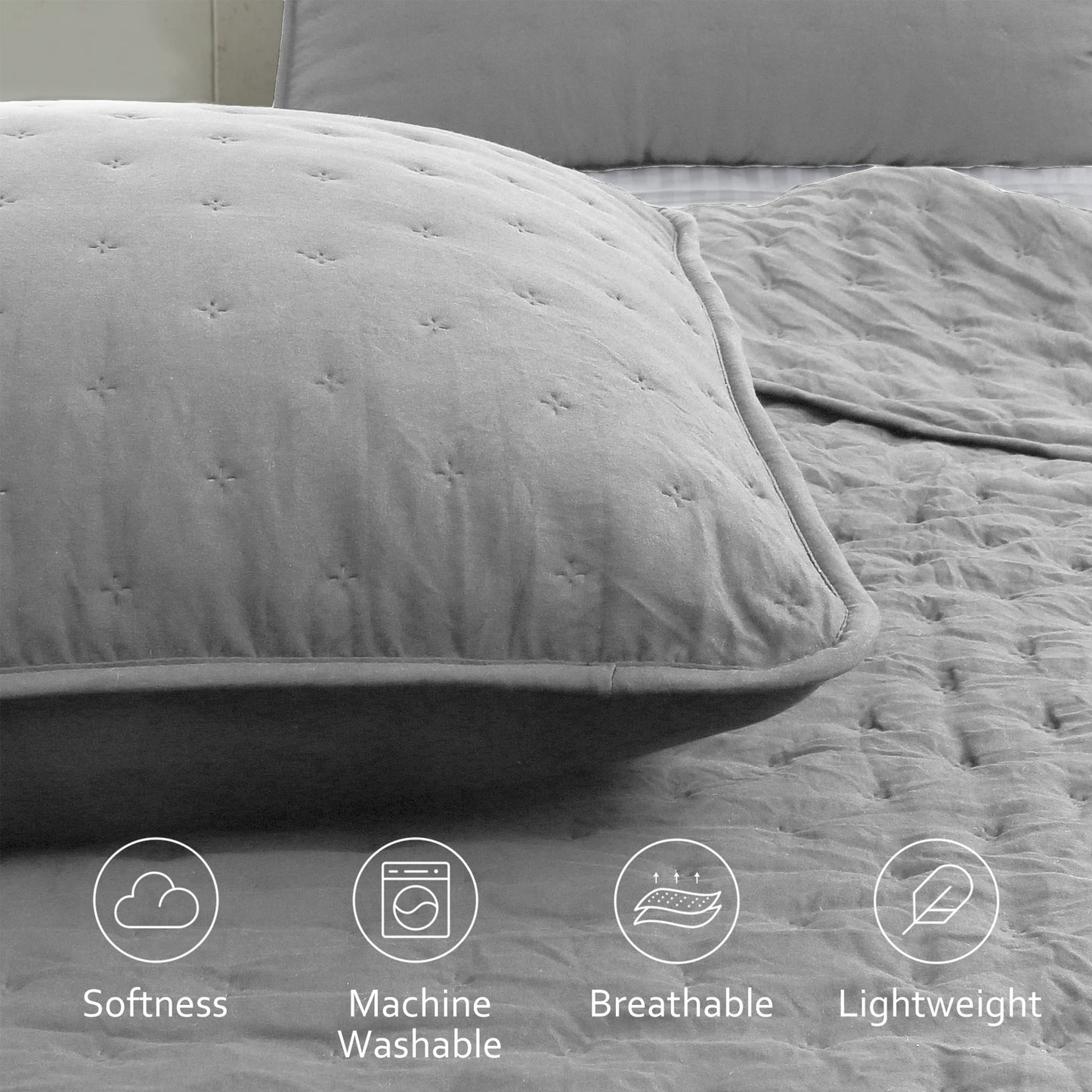 ROARINGWILD Light Grey Twin Size Quilt Bedding Sets with Pillow Sham, Lightweight Bedspread Coverlet, Quilted Blanket Thin Comforter Bed Cover, All Season Summer Spring, 2 Pieces, 68x90 inches