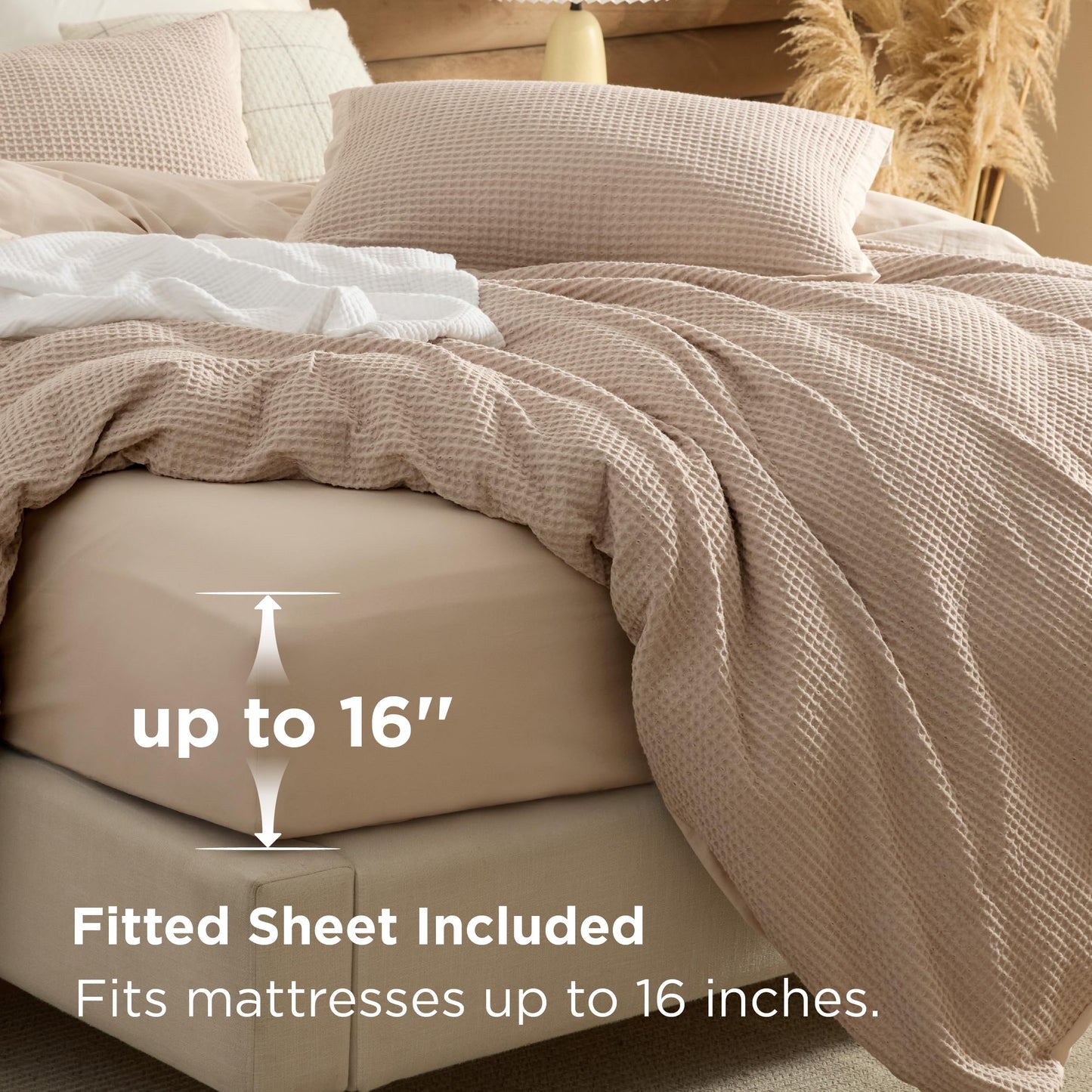 Bedsure 100% Cotton Duvet Cover Queen Size with Fitted Sheet - 4 Pieces Khaki Waffle Weave Duvet Covers, PureWowen Breathable Bedding Set Includes 1 Duvet Cover 90x90, 1 Fitted Sheet, 2 Pillow Shams