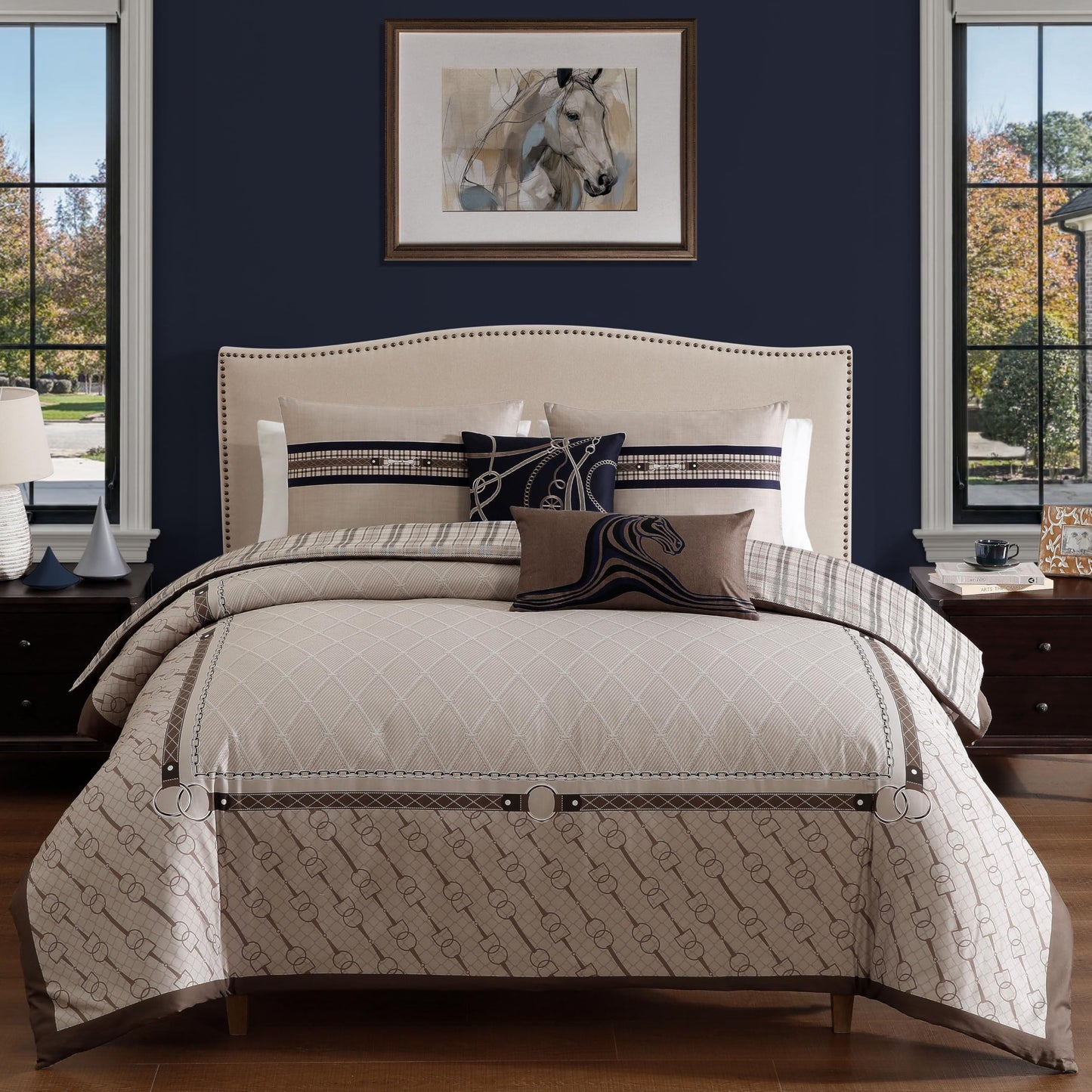 Bebejan Equestrian 5 Piece Comforter Set, 100% Cotton Sateen, 220 Thread Count, Tan Reversible Bedding Comforter Set, 1 Comforter, 2 Shams & 2 Pillows (King/Cal King)