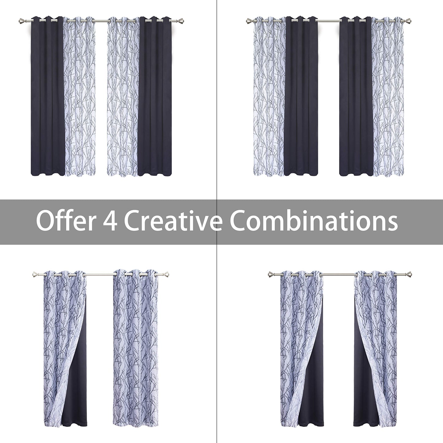 BONZER Mix and Match Curtains - 2 Pieces Branch Print Sheer Curtains and 2 Pieces Blackout Curtains for Bedroom Living Room Grommet Window Drapes, 37x95 Inch/Panel, Grey Dark, Set of 4 Panels