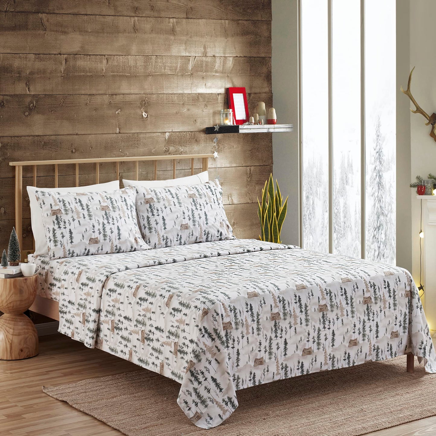 Flannel Sheets Warm and Cozy Deep Pocket Breathable All Season Bedding Set with Fitted, Flat and Pillowcases, Queen, Winter Cabin Lodge