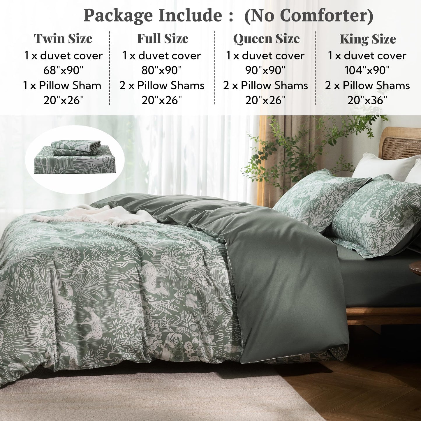MILDLY Queen Size Duvet Cover Set 100% Long-Staple Cotton Luxury Green Floral Patten Reversible Comforter Cover Set 3Pcs