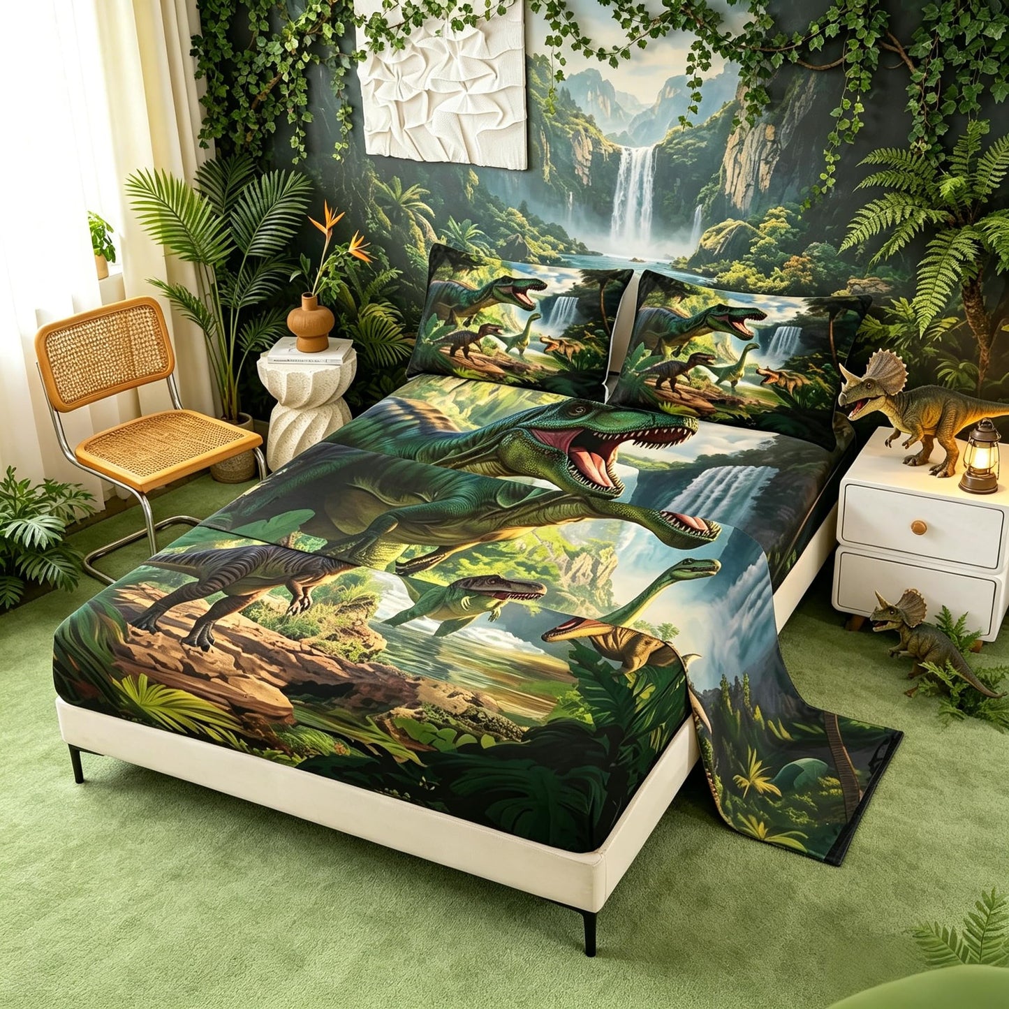 Feelyou Dinosaur Bed Sheets Set Twin Size 3D Digital Print Bed Set Jungle Dino Deep Pocket Fitted Sheet Wild Animal Breathable Soft Lightweight Microfiber Green White Brown